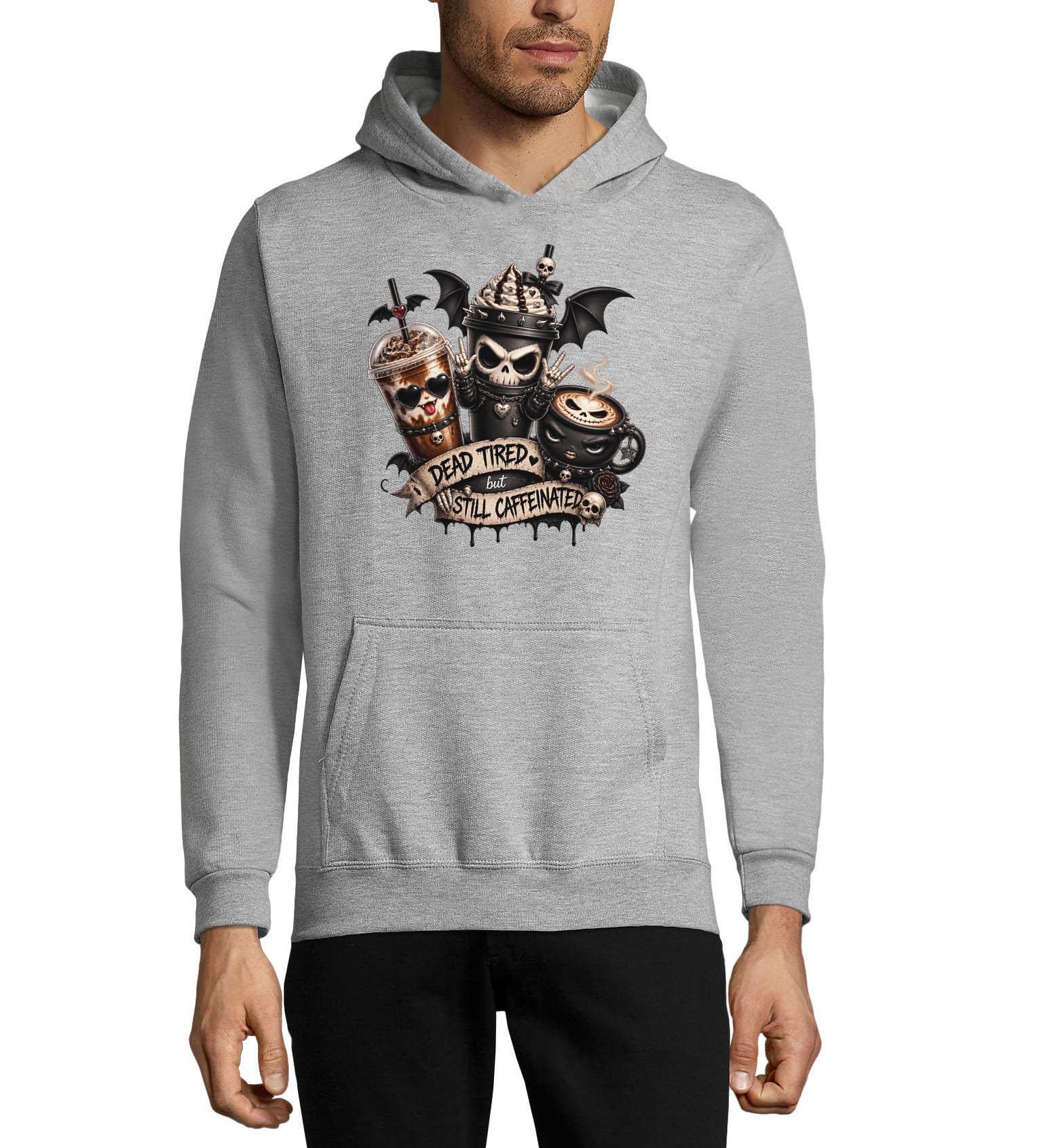 Ciemne gotyckie postacie kawowe z postawą unisex mieszanka bawełny bluza z kapturem bluza z kapturem szara