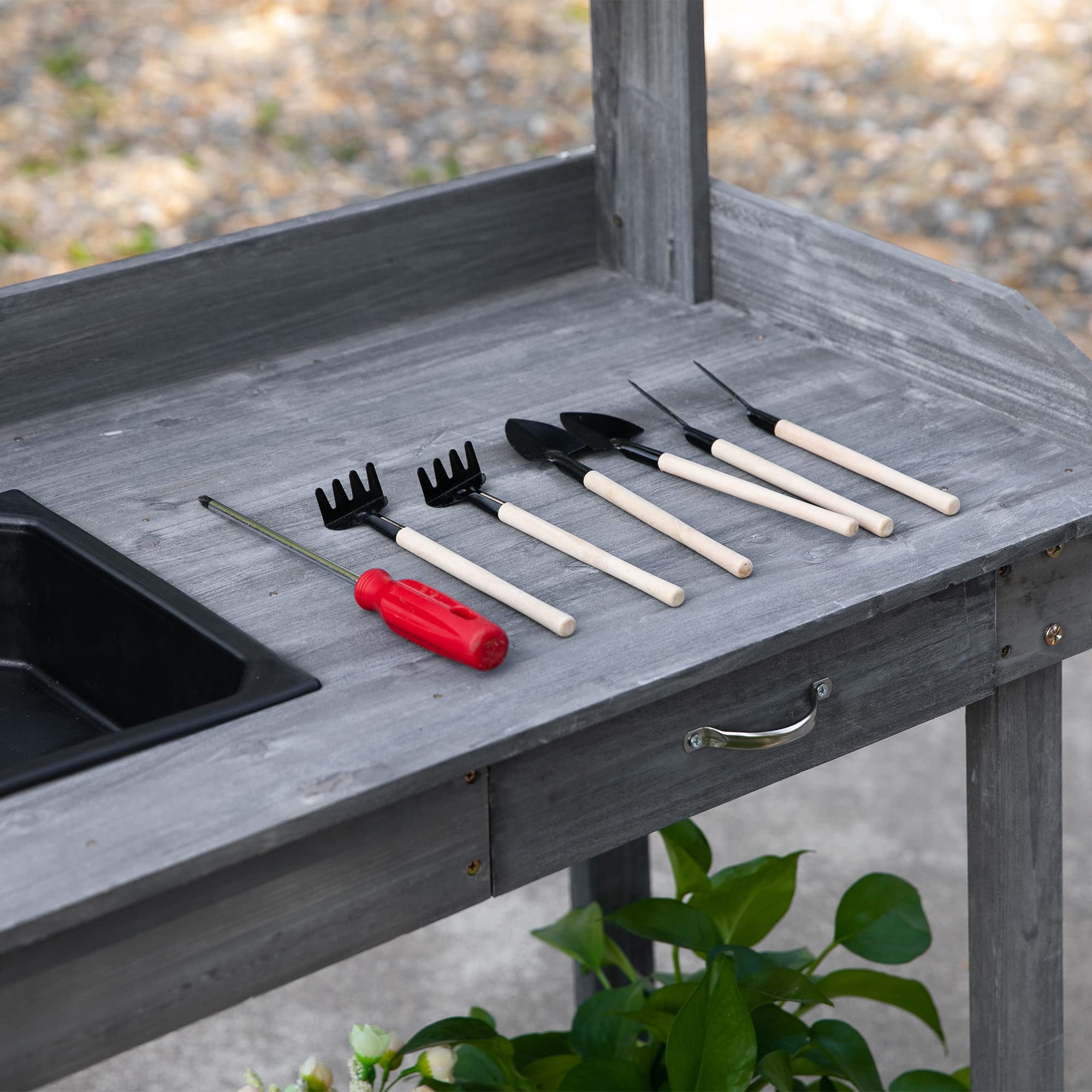 Outsunny Mesa de jardín con cajón de 2 Niveles, con Lavabo y Ruedas, Madera de Abeto Gris, 92 x 45 x 119 cm