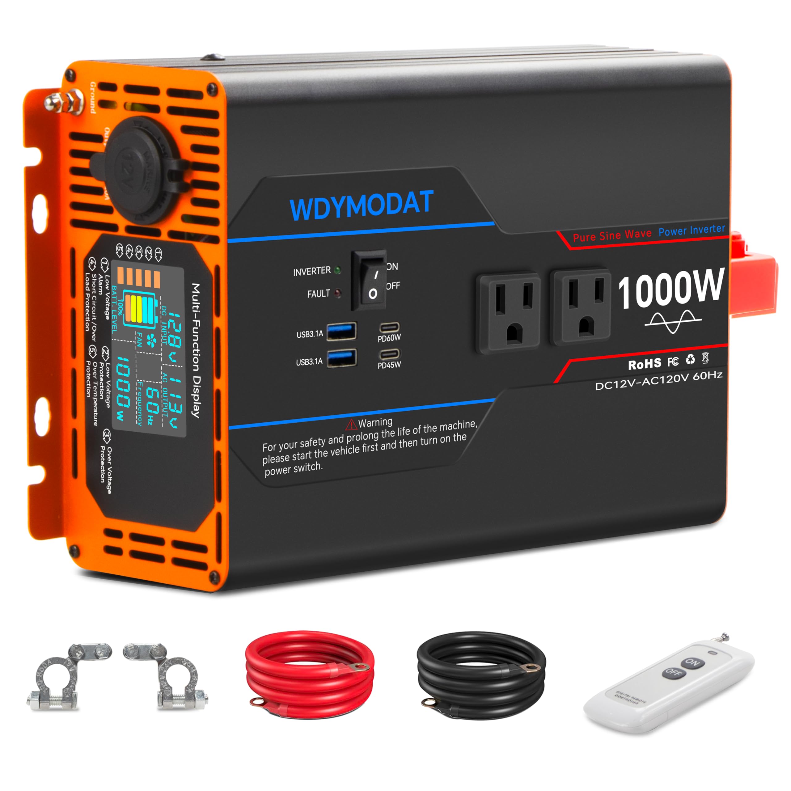 Photo 1 of WDYMODAT 1000W Pure Sine Wave Inverter, Car Power Inverter 12V to 110V 120V, DC to AC Converter Generator with AC Outlets 3.0A USB Type-C, Remote Controller LCD Display Truck Inversor for Vehicles, RV