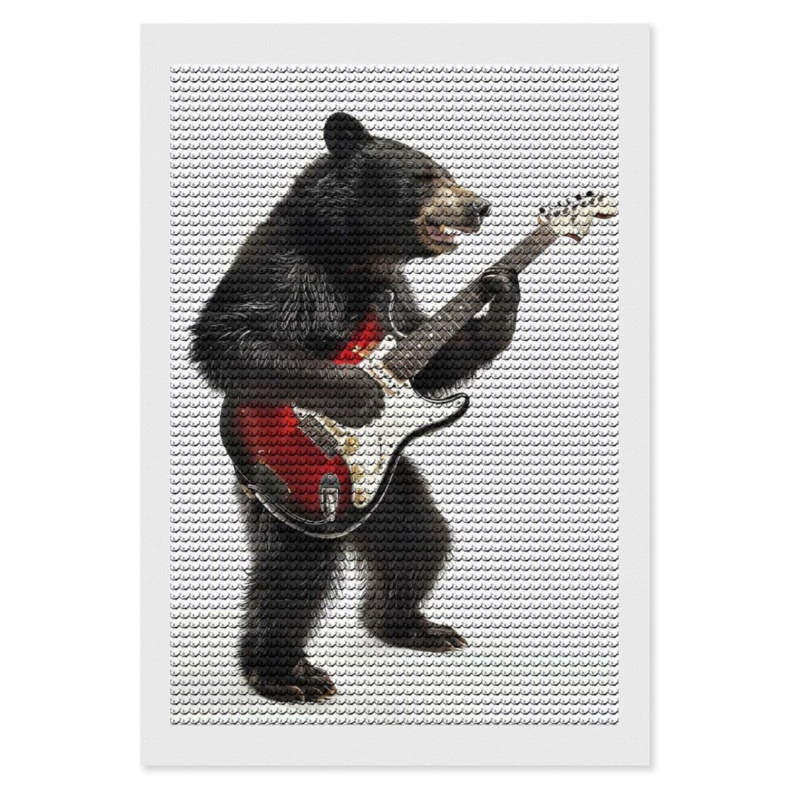 Junmoney Black Bear Guitar Crystal Diamond Art Kit 8"x12", Modern Decor, Boho Decor, Wall Art Gift, Decorative Artwork, Creative Hobby