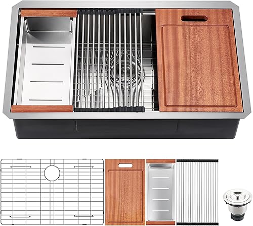 Miniatura 2 de CELAENO Fregadero de cocina de 32 pulgadas, fregadero de cocina de acero inoxidable de calibre 18, estación de trabajo R10, hecho a mano, todo en