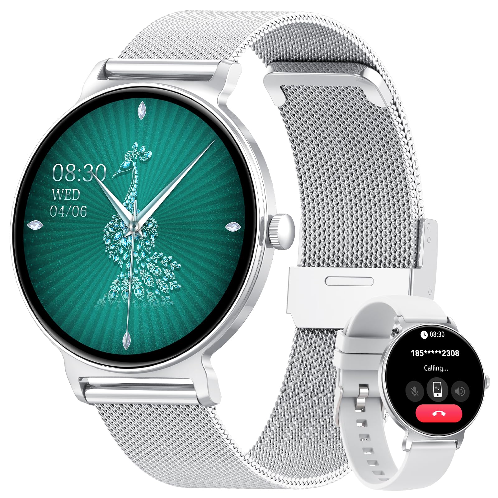 taopodo Smartwatch Damen mit Telefonfunktion, 1,27-Zoll AMOLED-HD Voll-Touchscreen Smartwatch, 120+ Sportmodi, IP68 Wasserdicht Fitness Tracker mit Herzfrequenz, Schlafmonitor für iOS Android, Silber