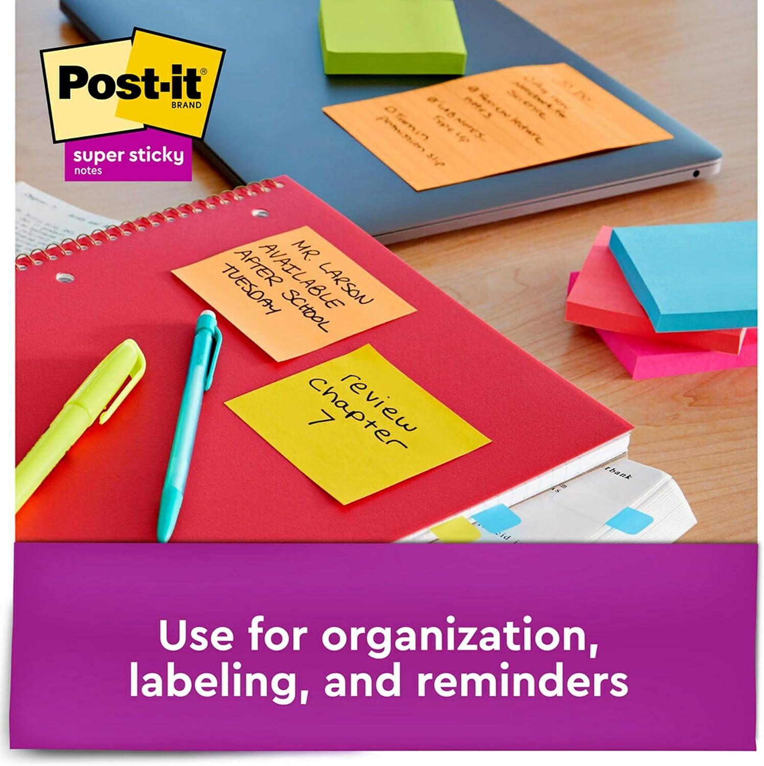 Post-it Super Sticky Notes, 3x3 in, 3 Pads, 2x the Sticking Power, Bright Colors (Orange, Pink, Green), Recyclable (3321-SSAU)