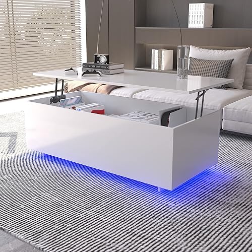 Miniatura 4 de Mesa auxiliar LED para sala de estar, mesa central de alto brillo con compartimento de almacenamiento, mesa de café con parte superior elevable,