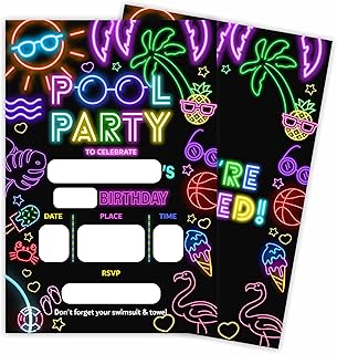 Pool Party Birthday Invitation Cards - Neon Tropical Beach - 20 Double-Sided Fill In Birthday Invite Cards With Envelopes For Boys & Girls, Party Favor & Decorations - C09