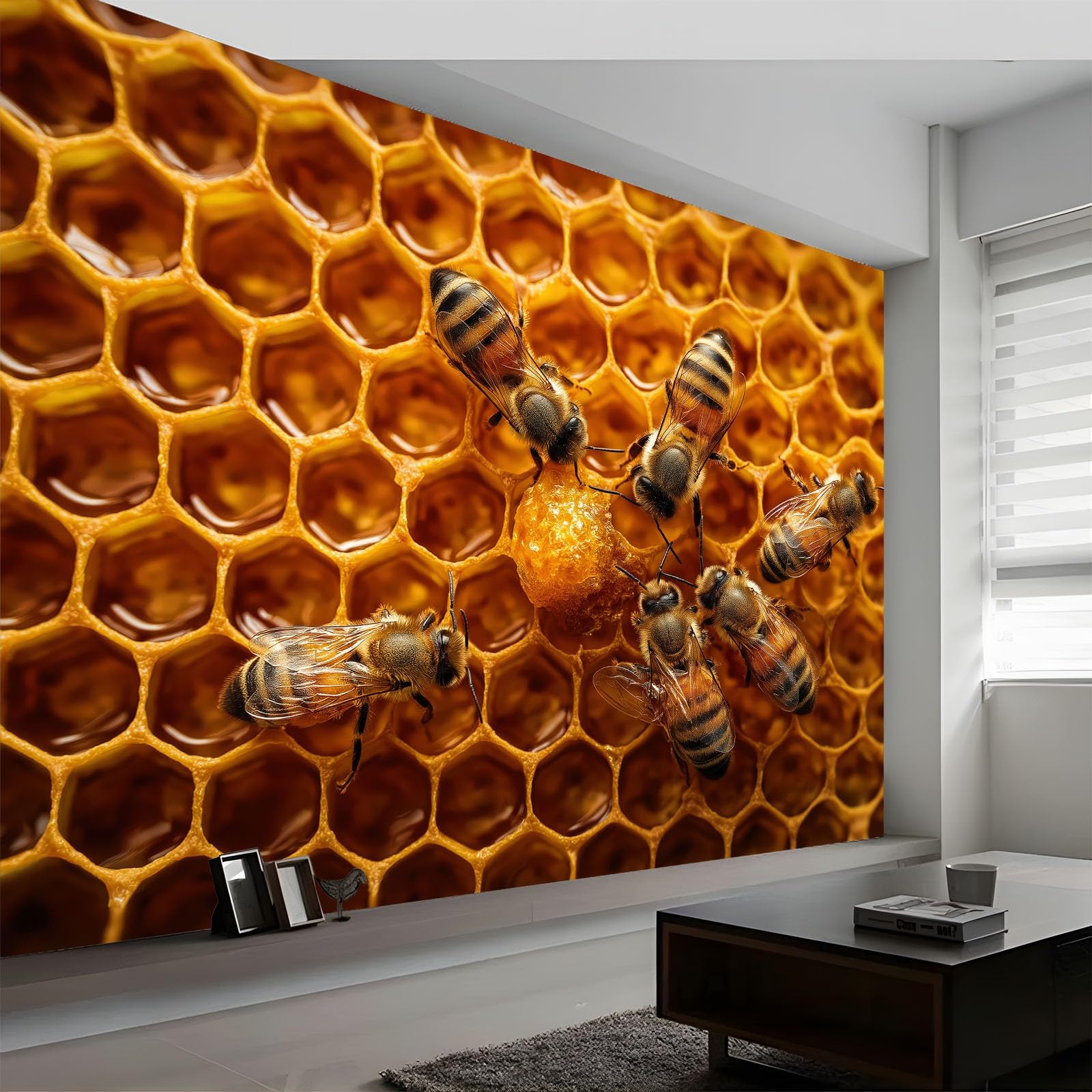 Wiejski rustykalny mural ścienny geometryczny plaster miodu zwierzęta pszczoły fototapeta, 400 W x 280 cm duża sztuka ścienna dekoracja do salonu sypialni pokoju dziecięcego - nowoczesny plakat