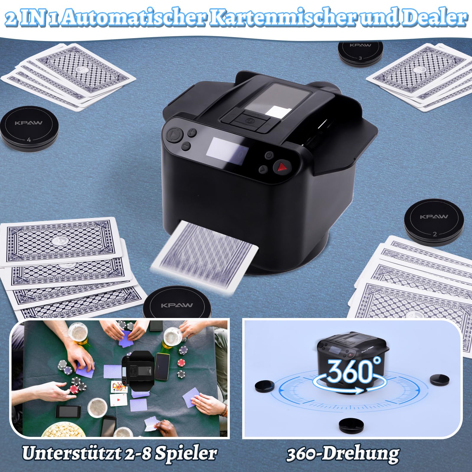 Kartenmischmaschine Elektrische, 2 in 1 Automatische Kartenmischer und Kartensender, um 360° Drehbarer Kartengeber mit 4 Kabellosen Kartengebertasten,Kartenmischgerät für UNO Kartenspiel,Poker,Skip bo