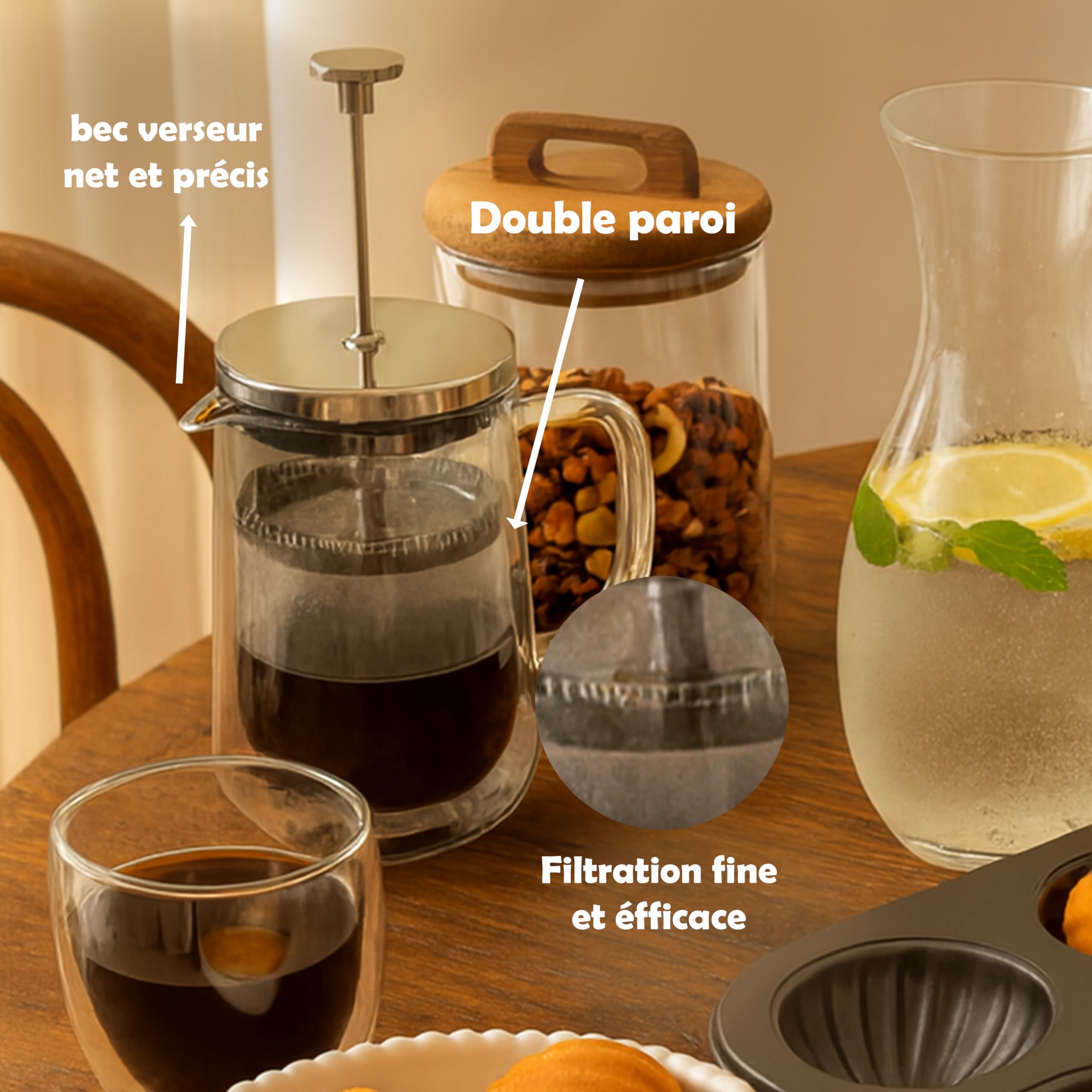 Nuts – Cafetière À Piston Double Paroi 800 ml En Verre Borosilicate | Isolation thermique double paroi, compatible thé et café, lave-vaisselle, base feutrée protectrice