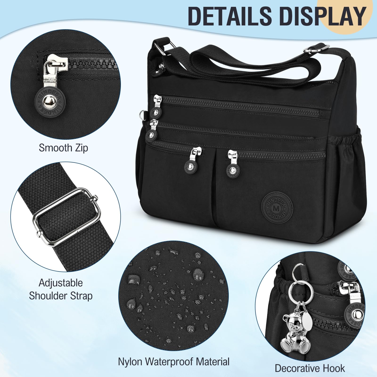 TEUEN Sac Bandoulière Femme Grande Capacité Sac à Main Bandoulière Imperméable en Nylon Messager avec Bandoulieres Réglable et Multi-Poches pour Voyage Université Usage Quotidien