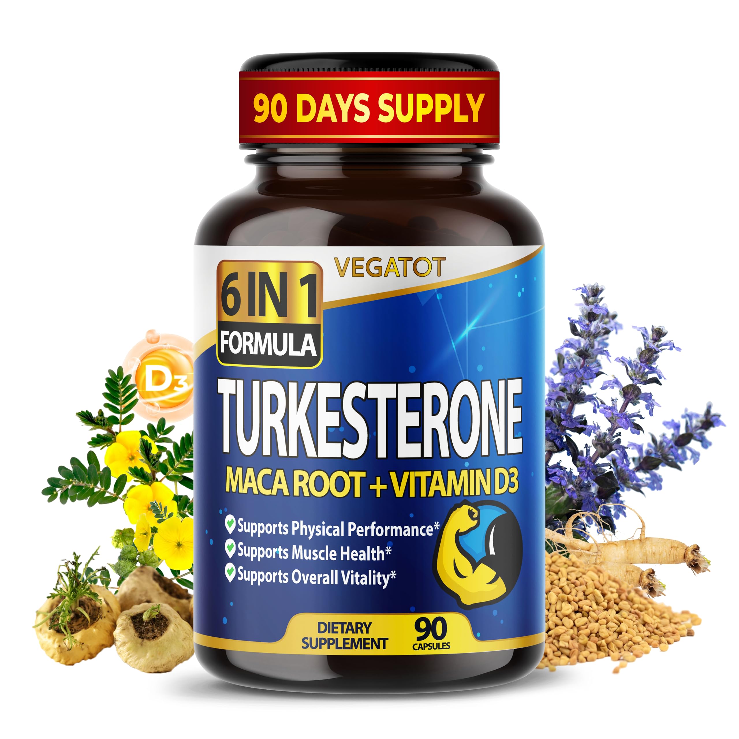 VEGATOT 6 in 1 High Strength Turkesterone Concentrated with Maca Root Fenugreek Tribulus Boost Energy Stamina 3-Month Supply (90 Count (Pack of 1))