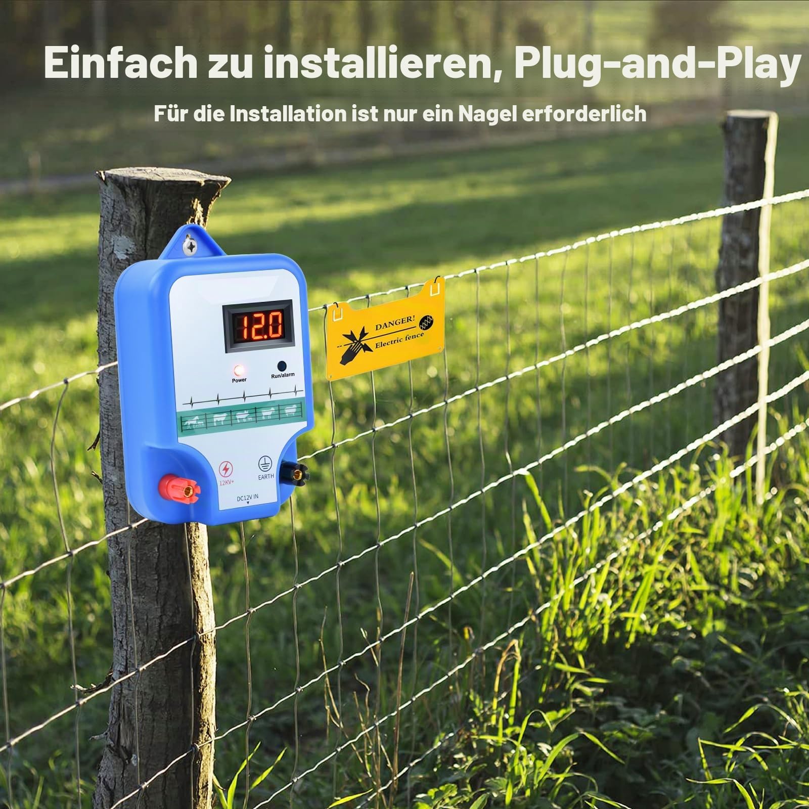 12V Weidezaungerät 2J Output für 2 bis 15 km, niedrige Impedanz Spitzenspannung 12kV für Geflügel, Vieh, Hobbytiere, Haustiere, Steuergerät zum Schutz von Gärten