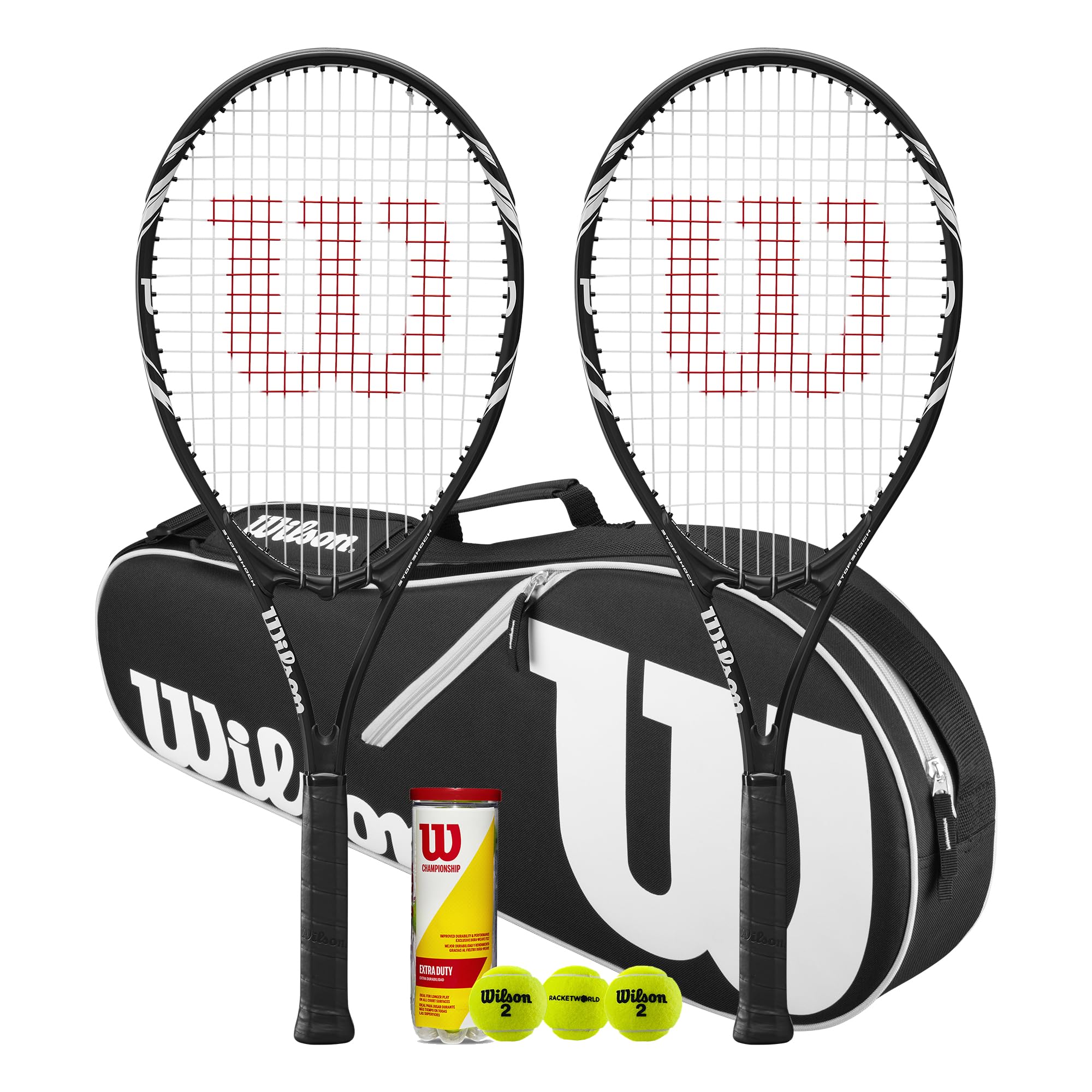 Wilson Federer Tennisschläger Twin Set, Schwarz, mit Advantage Tennistasche und Bällen