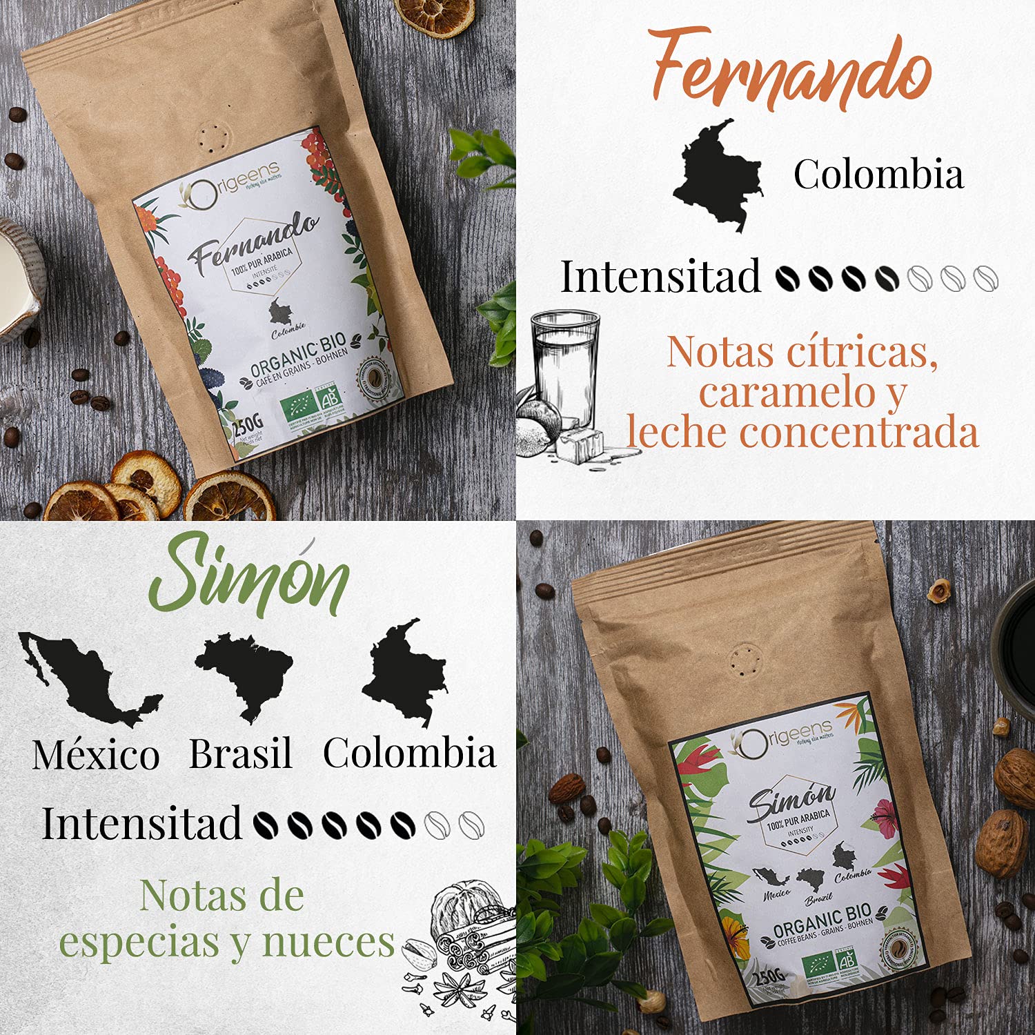 Cafe En Grano Ecólogico 1kg | Granos de Cafe Arabica 4x250g, Tostado Artesanal | Caja Cafe Regalo