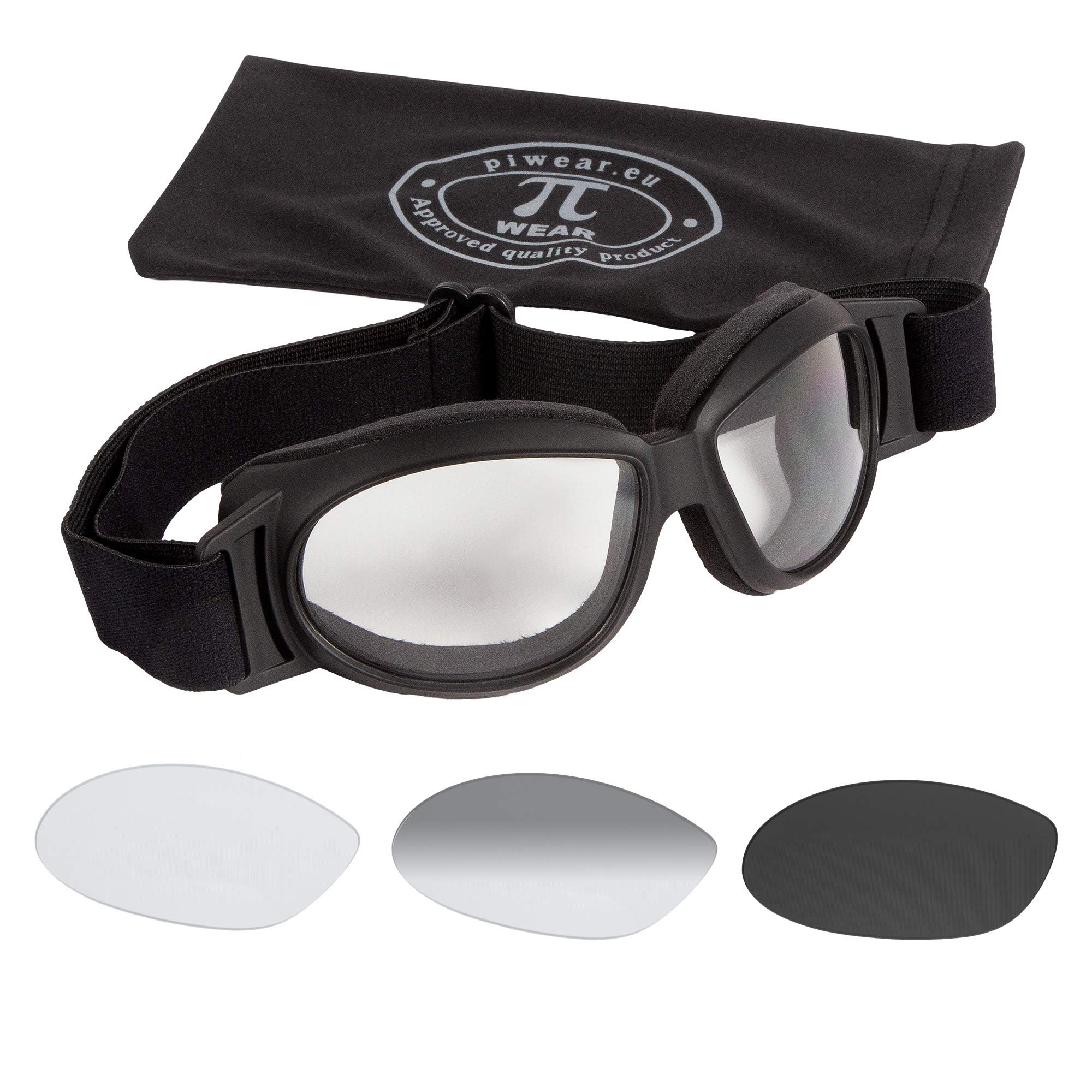 PiWear® Black Hills kleine Motorradbrille selbsttönend über Helm winddicht rutschfest gepolstert beschlagfrei klar