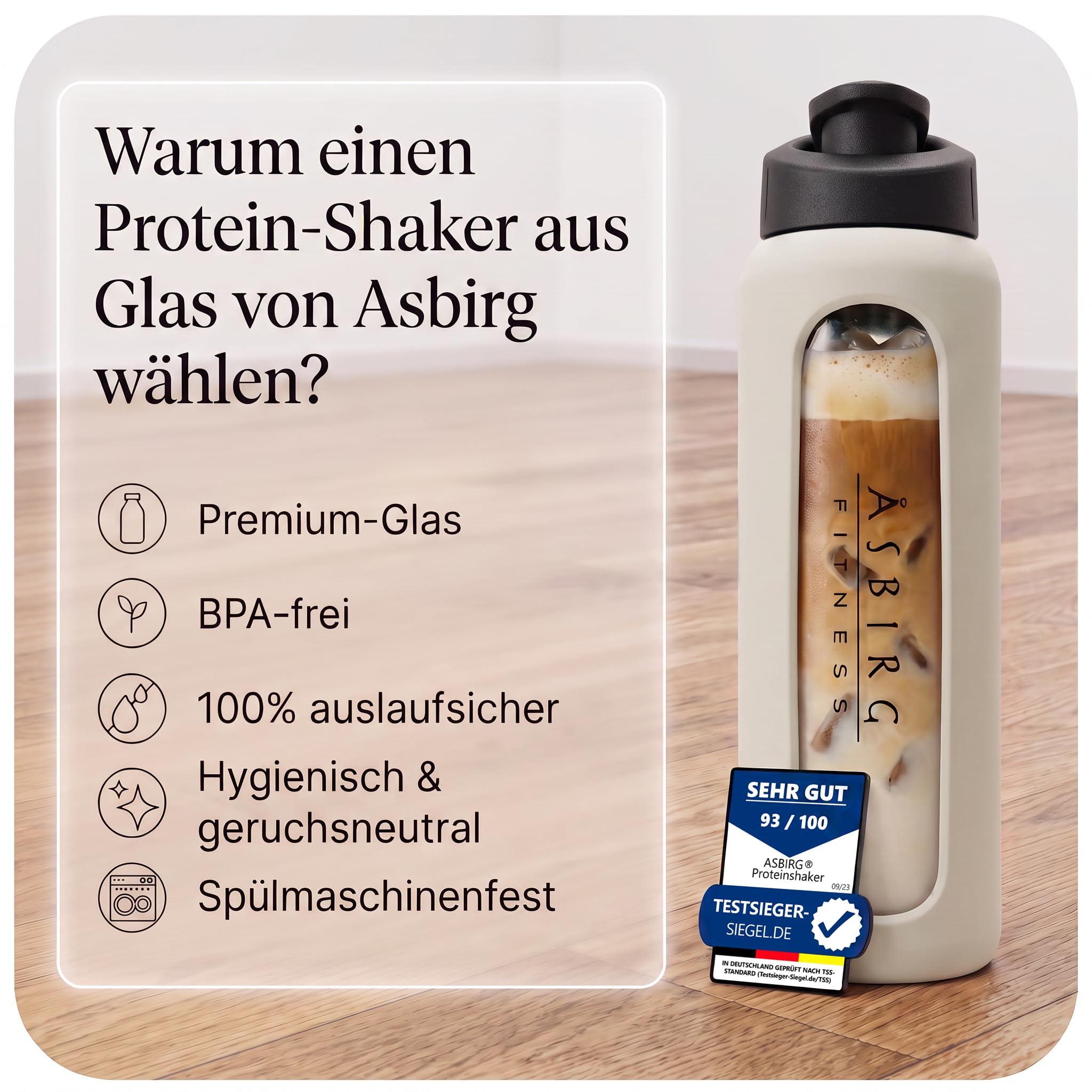 3er Bundle Proteinshaker aus Glas – Lila, Pastellgrün & Beige – BPA-frei, geschmacksneutral - mit Spiralball