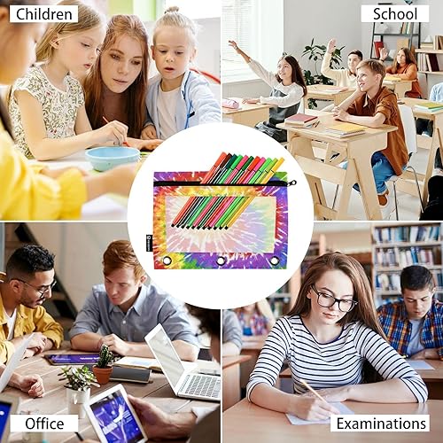 Miniatura 6 de Carpeta de teñido anudado morado y amarillo con bolsillo para lápices, sobres de polietileno, carpetas de documentos transparentes con cremallera