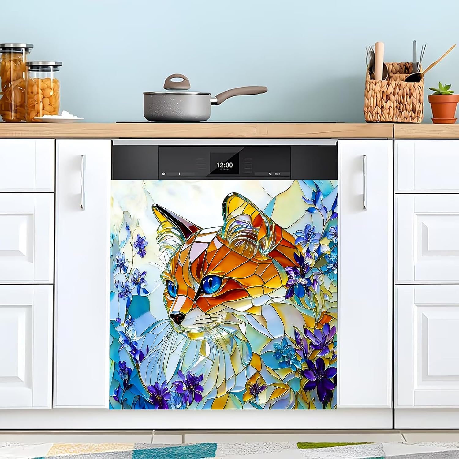 Dishwasher Magnetic Cover 25.59x23.03in Stained Glass Fox Floral Design, Waterproof Removable Kitchen Appliance Magnet Panel Decor for Dishwasher Refrigerator Washer