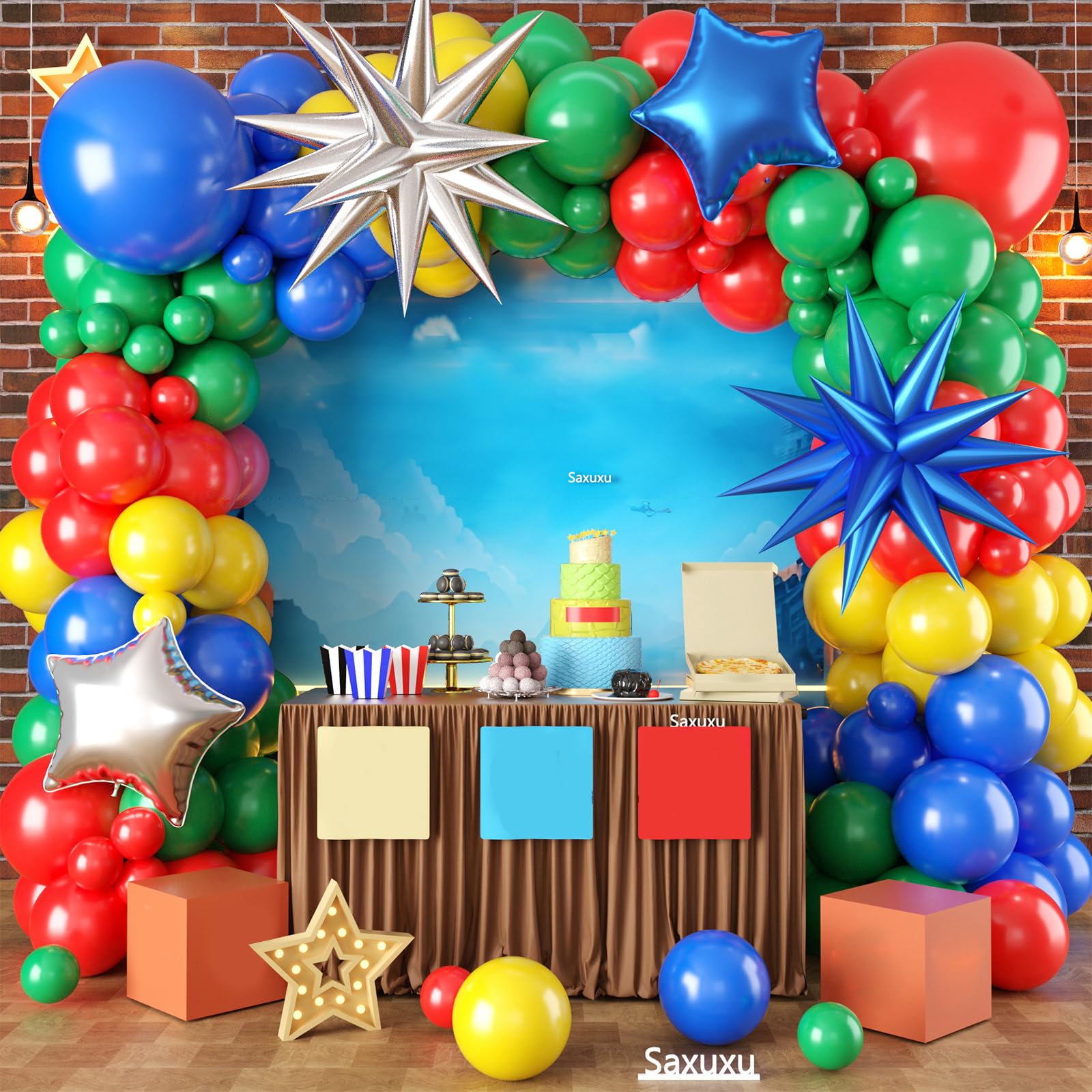 Red Yellow Blue Green Balloon Arch Garland Kit, Navy Blue Dark Green Colorful Balloons, Blue Silver Star Foil Balloons for Boy Girl Theme Birthday