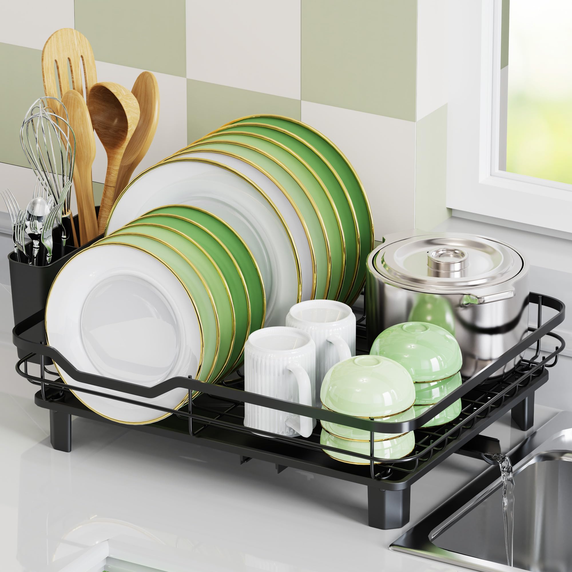 ROTTOGOON Stainless Steel Dish Drainer Dish Space-Saving Drainer | 304 Stainless Steel Dish Drainer with Knife Block  Utensil Basket - Drain System  Non-Slip Feet for Kitchen Black