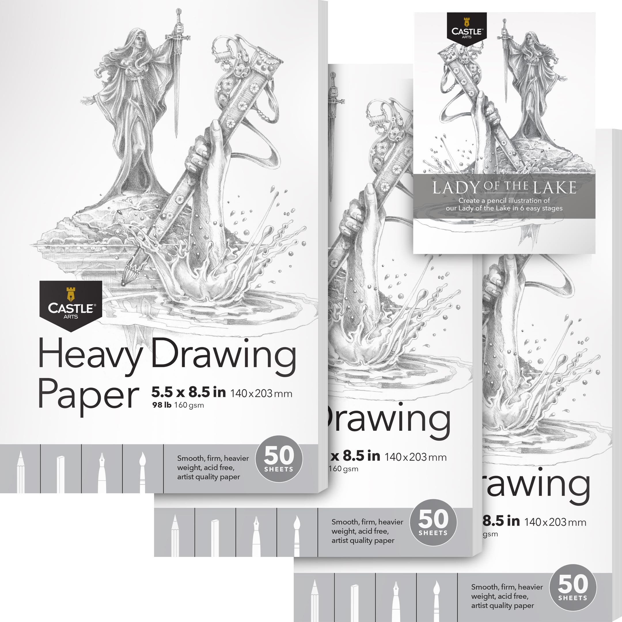 Castle Art Supplies Heavy Drawing Sketchpad Paper 5 x 8in | 3-Pack | 50 Sheets Each (160gsm/98lb) Extra White, Smooth Artist Paper | Acid Free | The