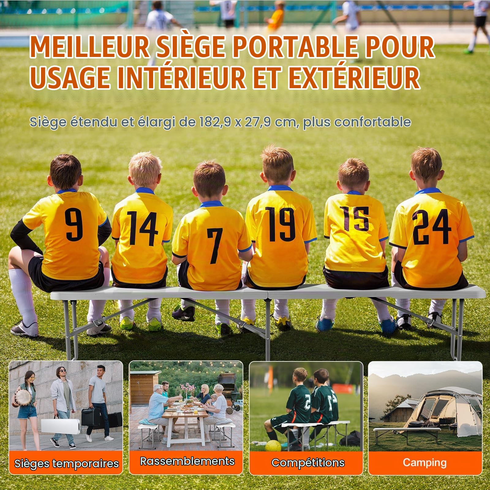 VEVOR Banc Pliant en Plastique, 1820 mm, Banc d'extérieur Pliable Portable, Lisse en PEHD imperméable, siège de Pique-Nique, de Salle à Manger avec poignée de Transport, pour Jardin, Blanc (1 Paquet)