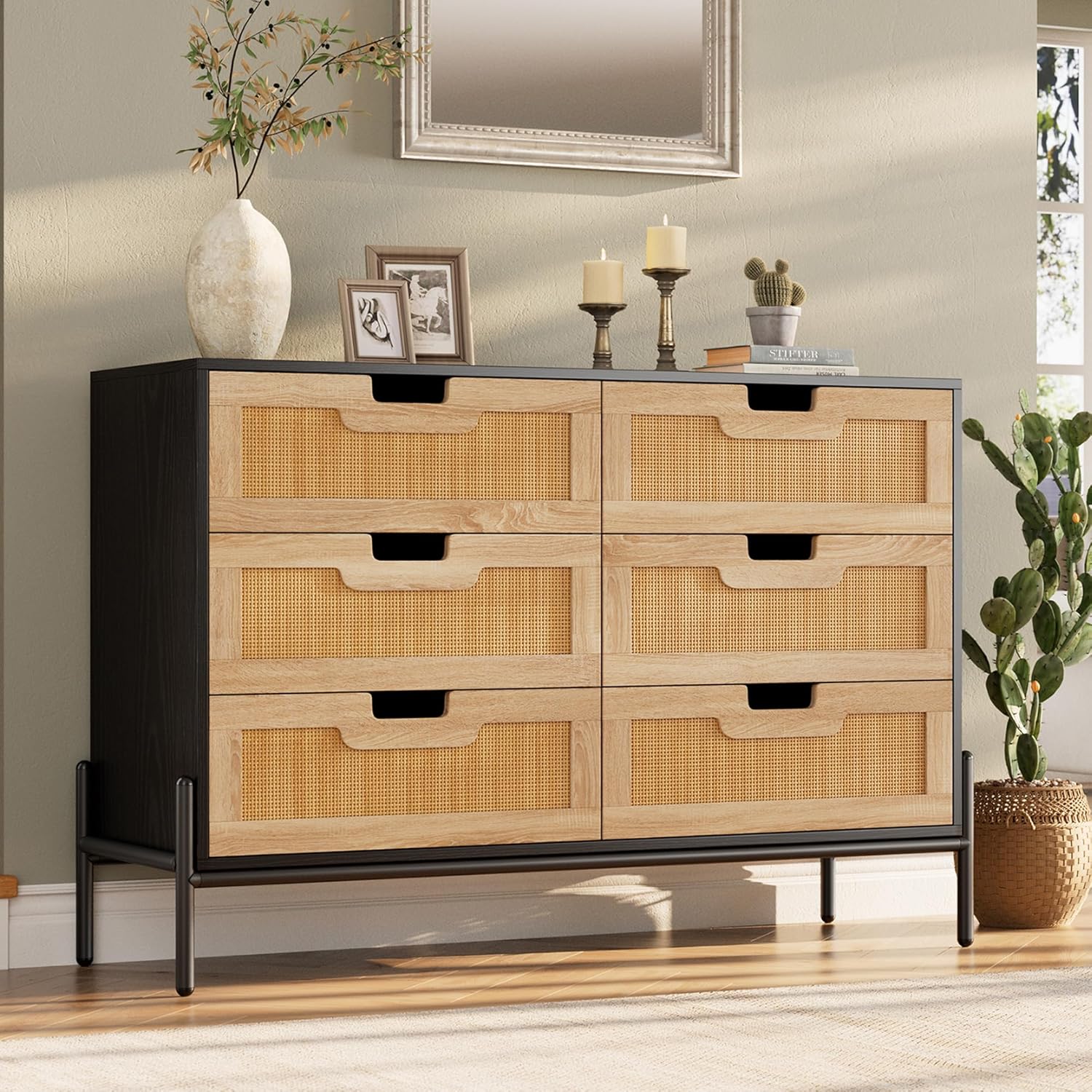 IDEALHOUSE Rattan 6 Drawers Dresser, 47.2''Wx15.7''Dx32.3''H Boho Dresser with Metal Handles, Modern Chest of Drawers with Anti-Tipping & Silent Slides Design for Bedroom, Hallway, Kids Room, Black Black 15.7"D x 47.2"W x 32.3"H (6 Drawers)