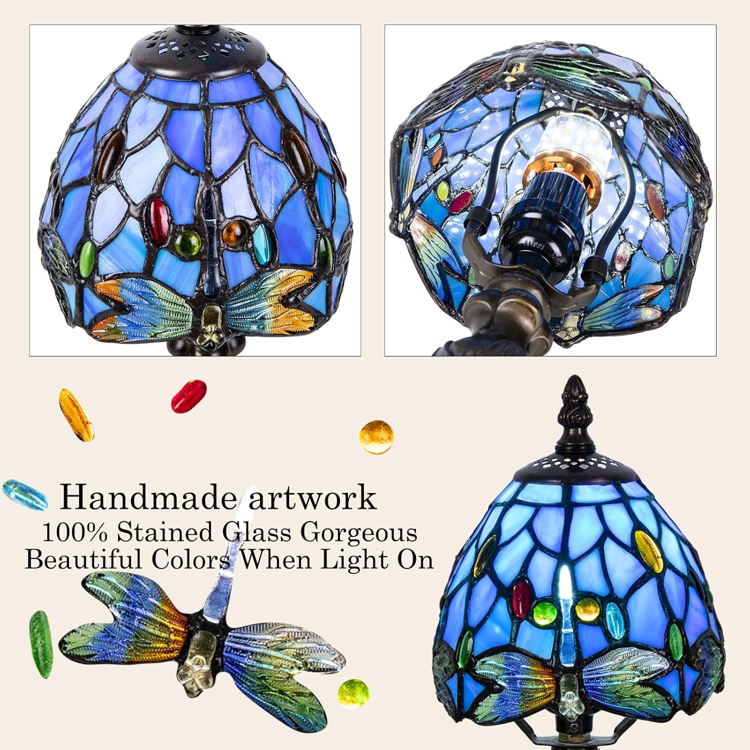 Small Tiffany Table Lamp, 3 Color-Temperature Dragonfly Stained Glass Lamp,6 Inch Tiffany Style Lamp for Bedroom Living Room Home, Handcrafted Light, Included Bulb (Blue)