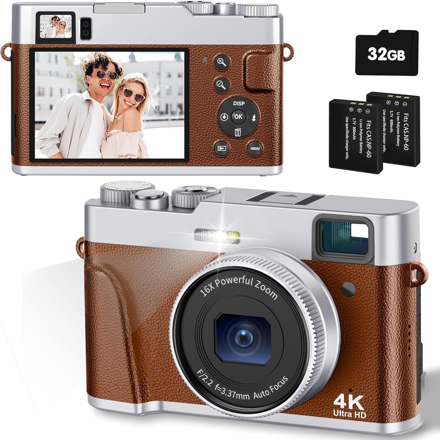 CAMKORY Digital Camera 4K Photo Camera 48MP with 32G Card Auto Focus Optical Viewfinder Camera Compact Camera with 2 Batteries Digital Camera Children’s Camera Compact Travel Camera