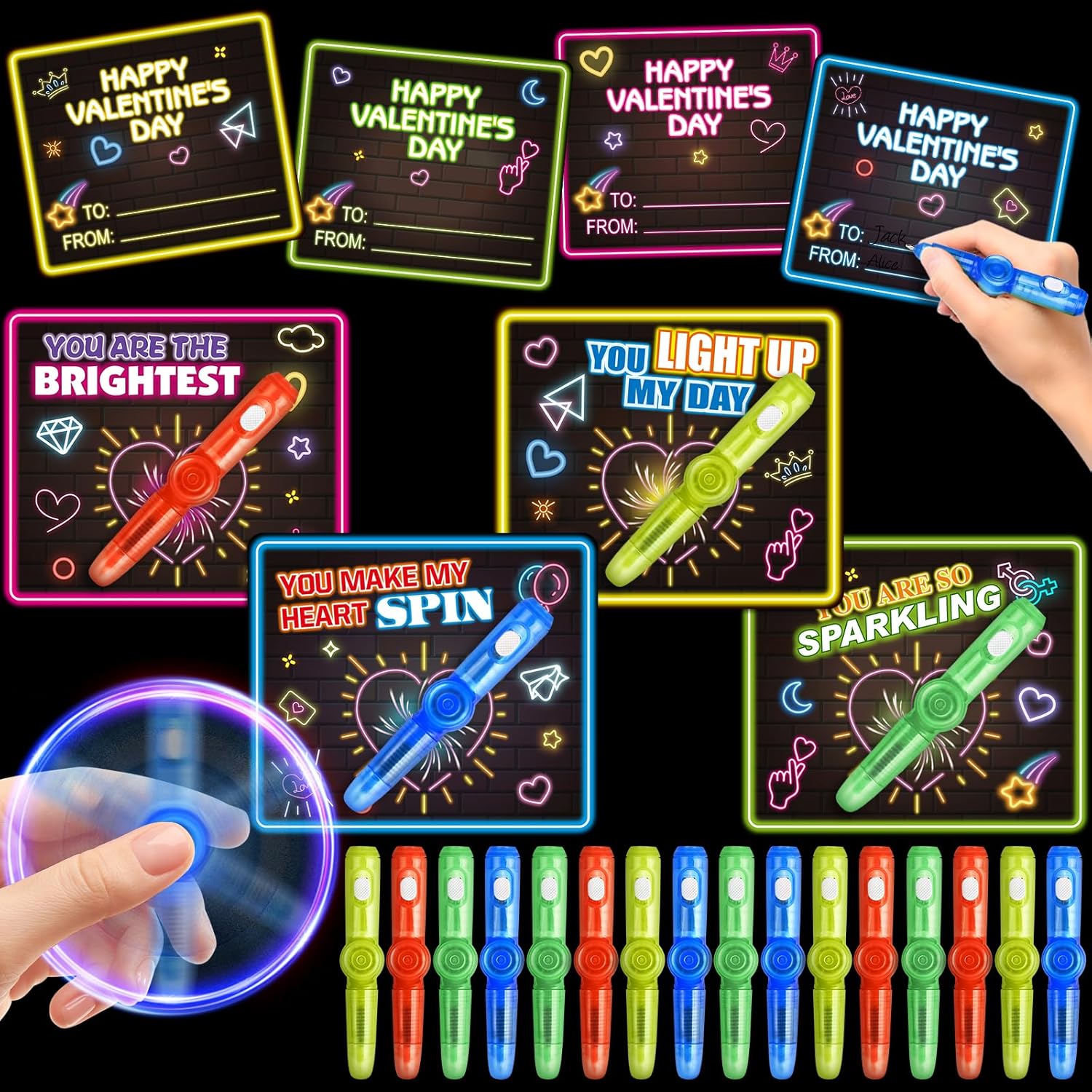 Shemira 24 Pack Valentines Day Cards for Kids, 24 Light Up Spinning Toy Pens for Valentines Gifts Exchange, Valentine School Classroom Favors for Kids Boys Girls, Valentines Cards for Kid