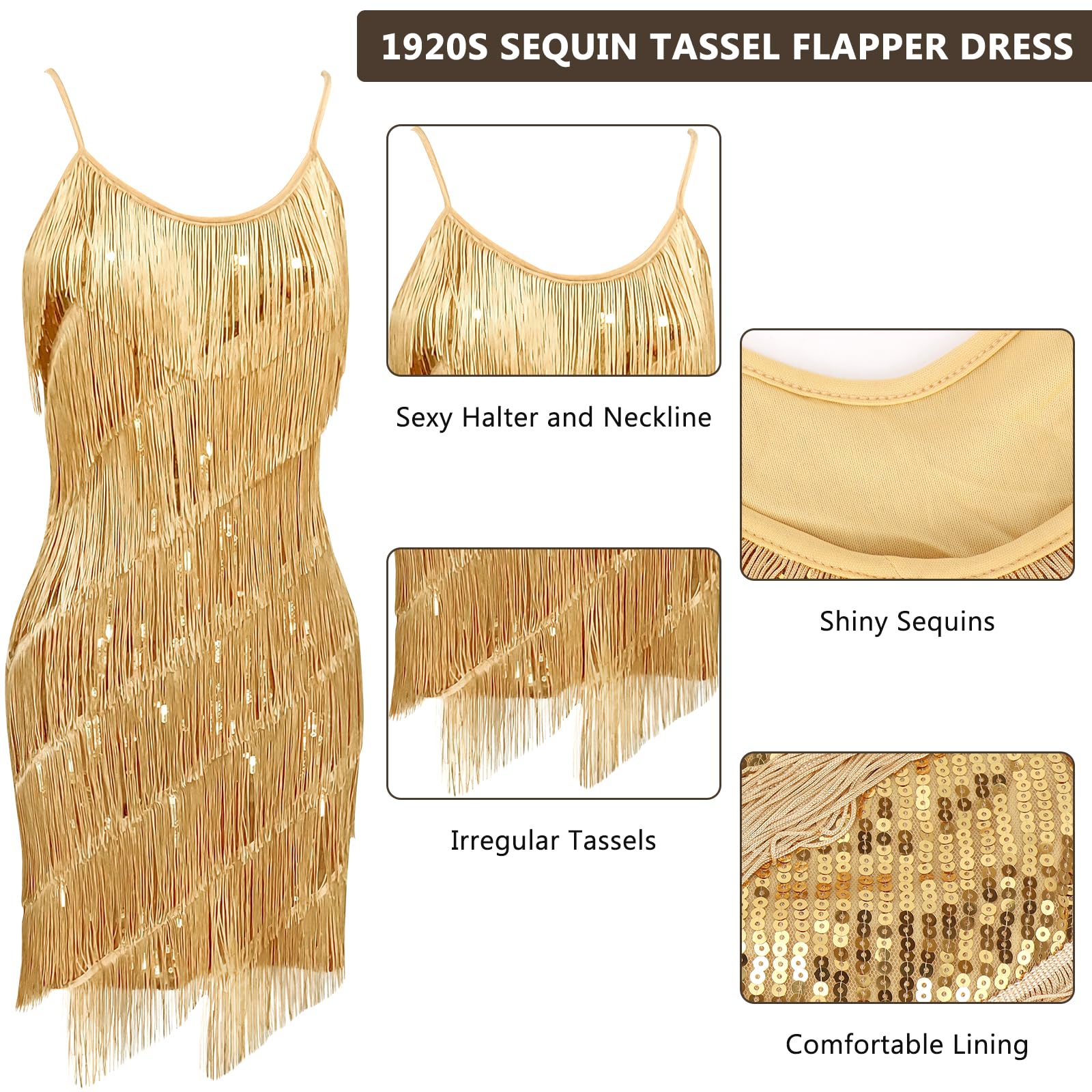 XJGQZ 8 Pack Women's 1920s Sequin Fringed Vintage Flapper Dress Cocktail Party Dress with 20s Accessories Costume Set (Gold, XL) - Image 2