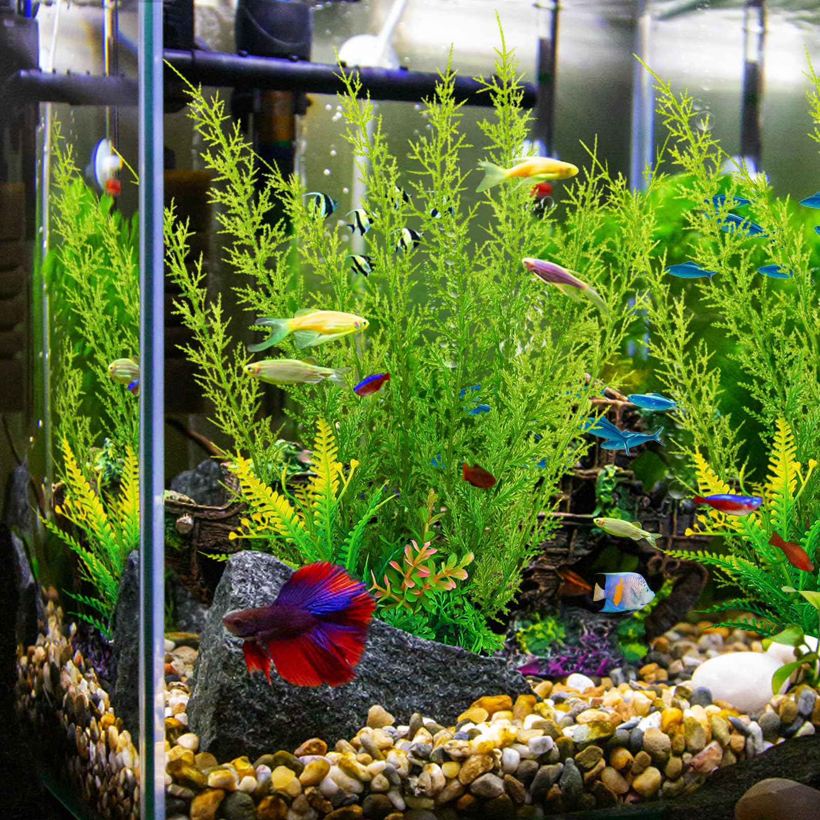 QUOZUO Accessoires pour aquarium - Grandes plantes vertes - Décoration d'aquarium - Plantes en plastique - 3 pièces
