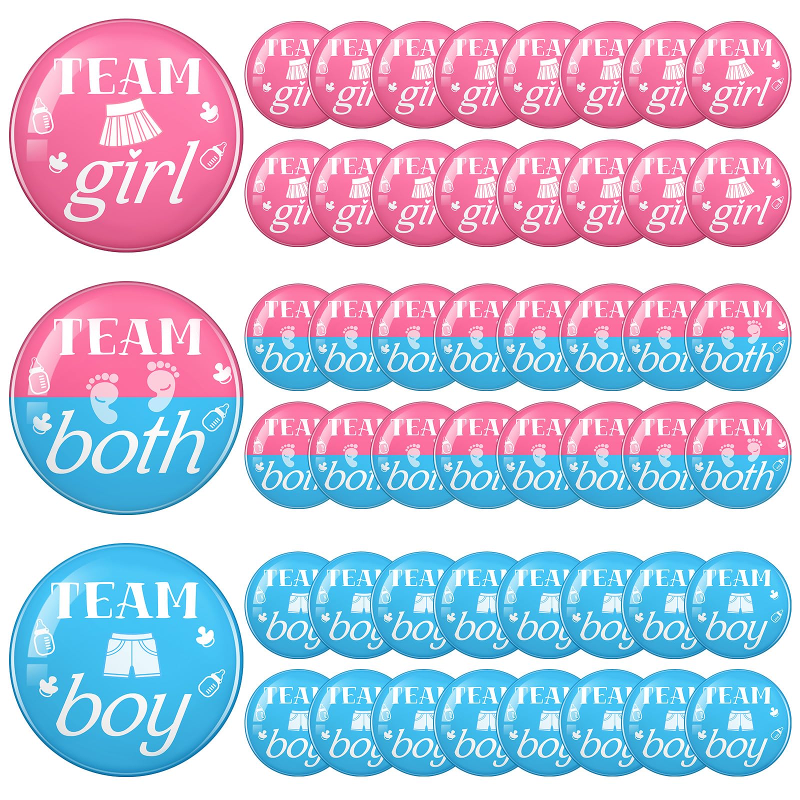 Hicarer 75 Pcs Twin Gender Reveal Decorations Team Both Button Pins Twin Gender Reveal Ideal 1.5 Inch Pink Blue Baby Shower Party Favors