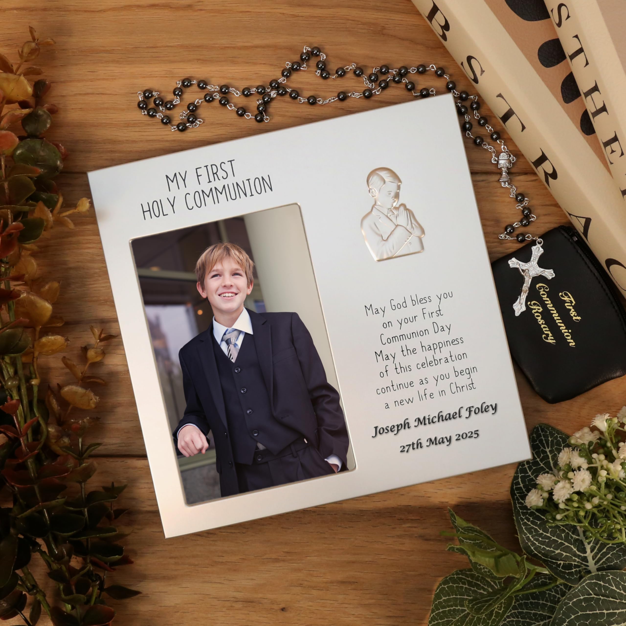 De Walden Boy's 1st First Holy Communion Photo Picture Frame and Rosary Gift Set, First Communion Gfts For a Boy