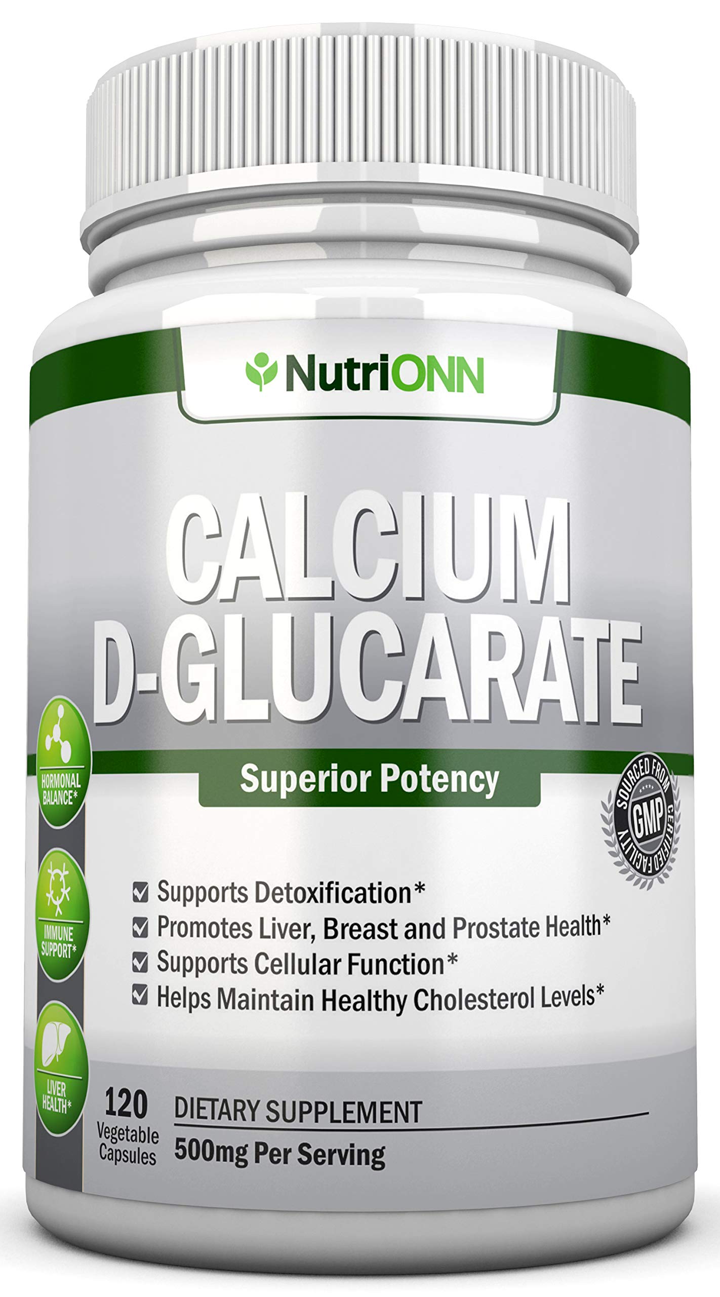 NutriONN Calcium D-Glucarate - 500mg - 120 Vegetable Capsules - Superior Potency to Support Cleansing Processes, Estrogen Metabolism & Hormonal Balance - Helps with Prostate, Breast & Colon Health