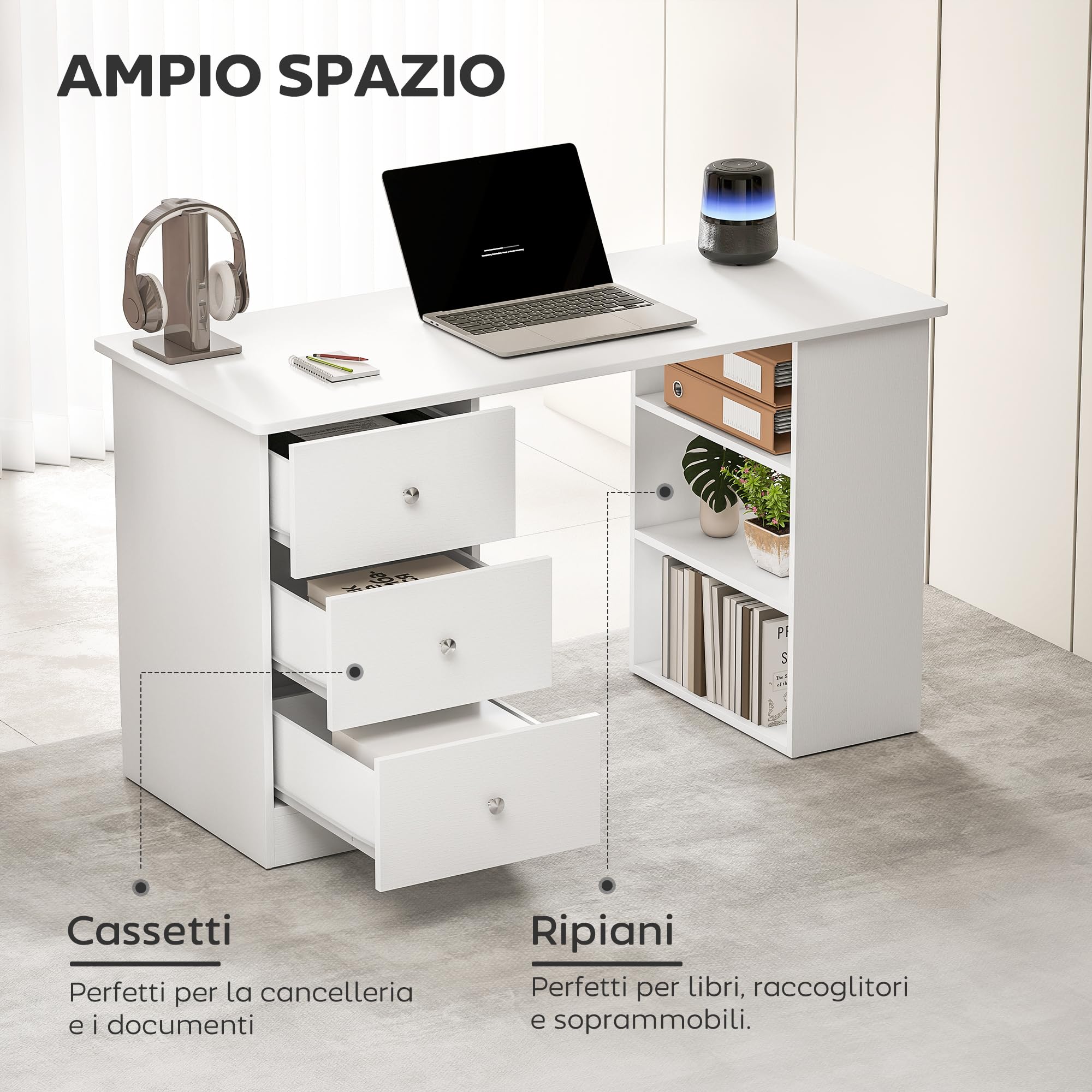 HOMCOM Scrivania Porta PC per Camera con Cassettiera 120x49x72cm Bianco | per Ufficio, Ripiani Portaoggetti, in Legno