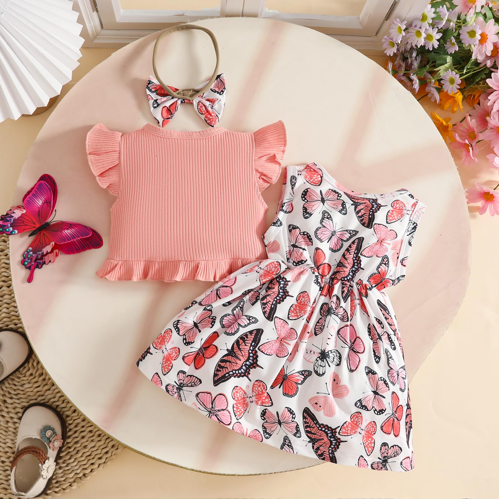 Robe pour Petites Filles Gilet à Volants Hauts à Fleurs Papillon Robes à Carreaux Vêtements D'été Bébés Filles - 2