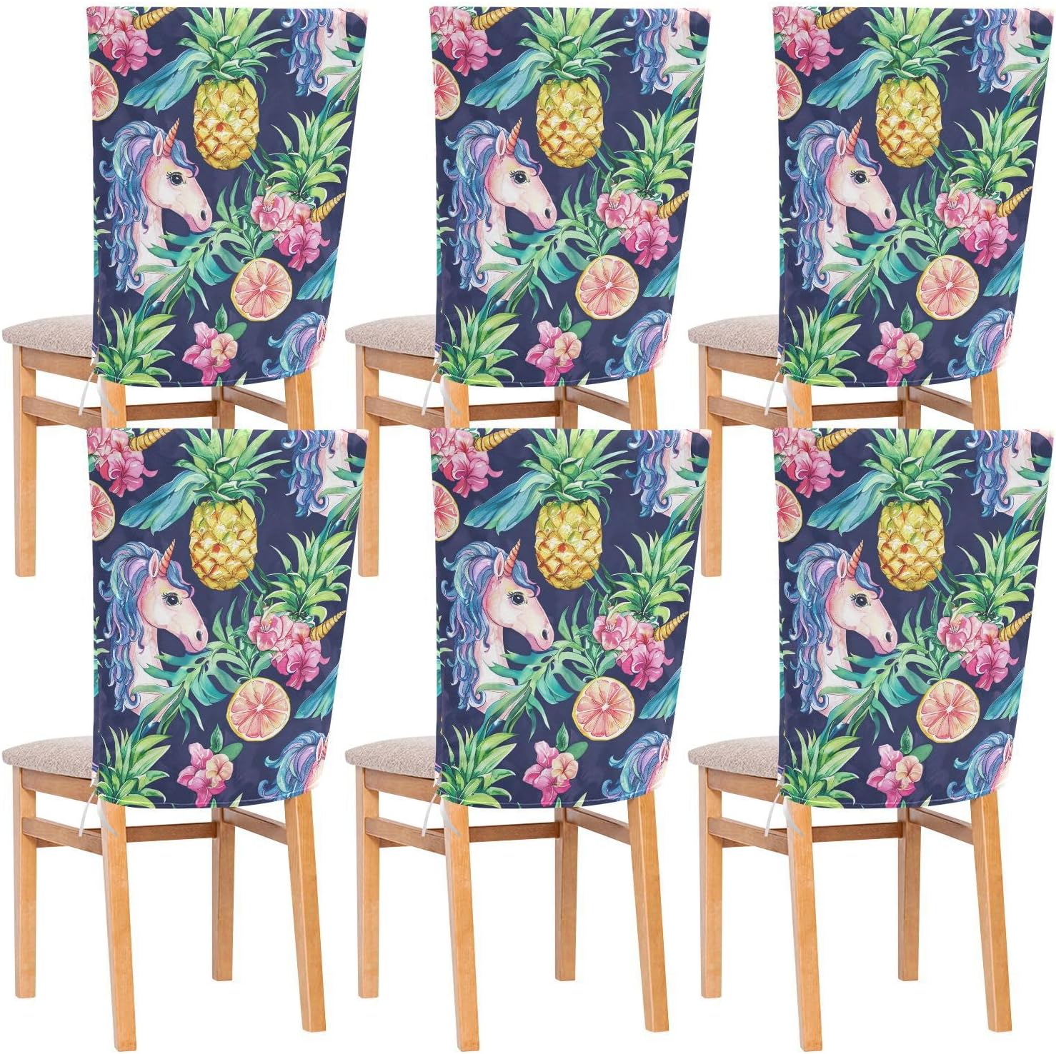 ALAZA Vintage Unicorn and Pineapples Chair Back Cover Set of 6, Washable Reusable Removable Chair Slipcovers Decorative Chair Cover for Home Kitchen Wedding Party
