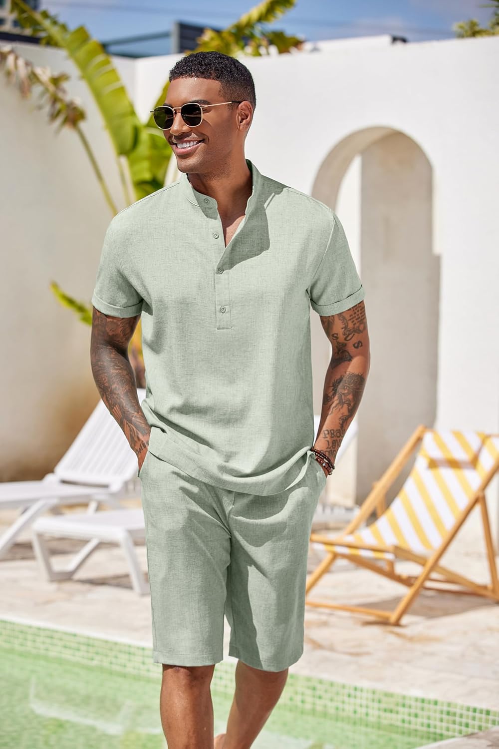 COOFANDY Men's 2 Pieces Set Short Sleeve Henley Shirts and Shorts Pants Texture Summer Beach Vacation Outfits - Image 2