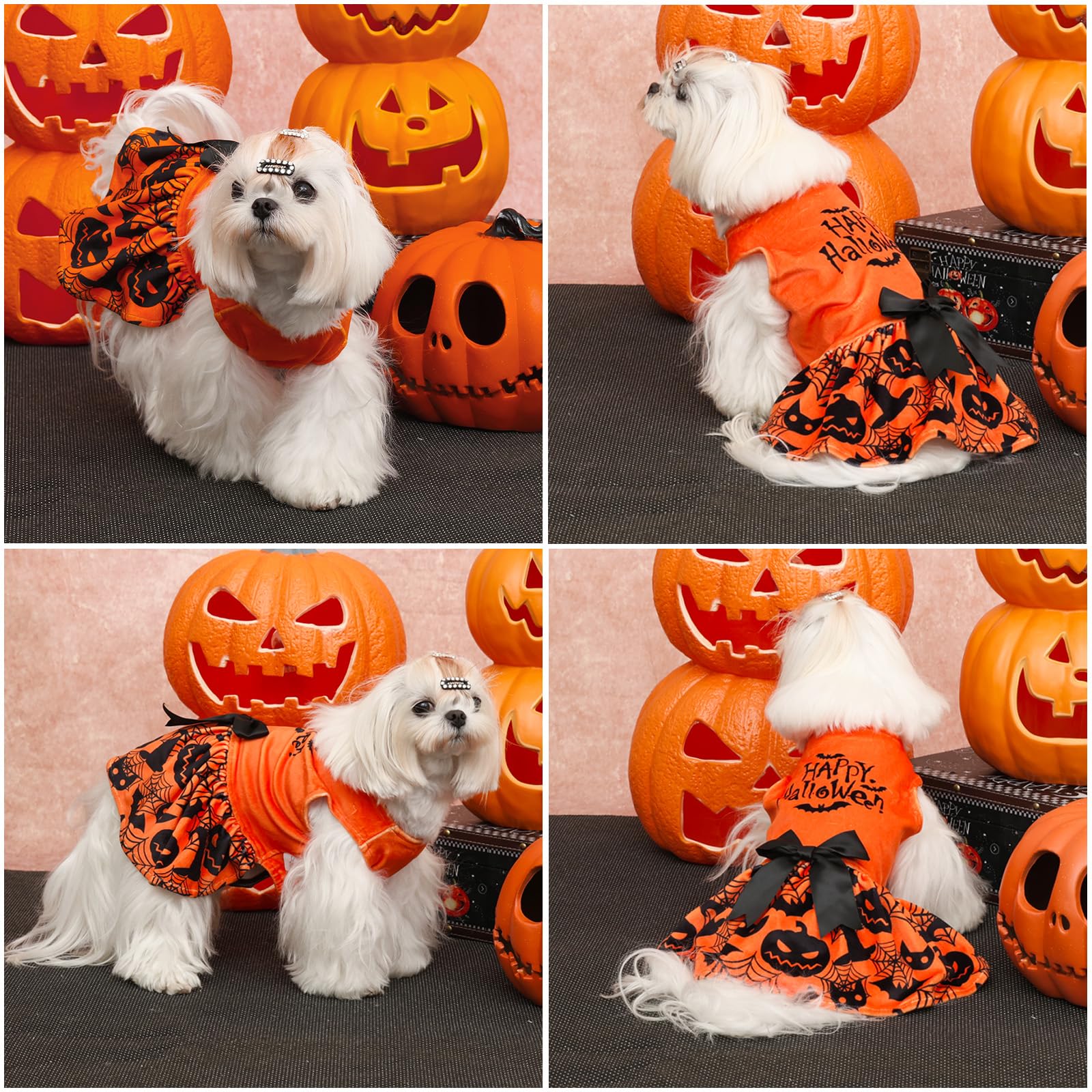 CuteBone CVA57XXS-D Robes d'Halloween en velours pour petits chiens, vêtements pour animaux de compagnie, jupe avec nœud et corde à poils