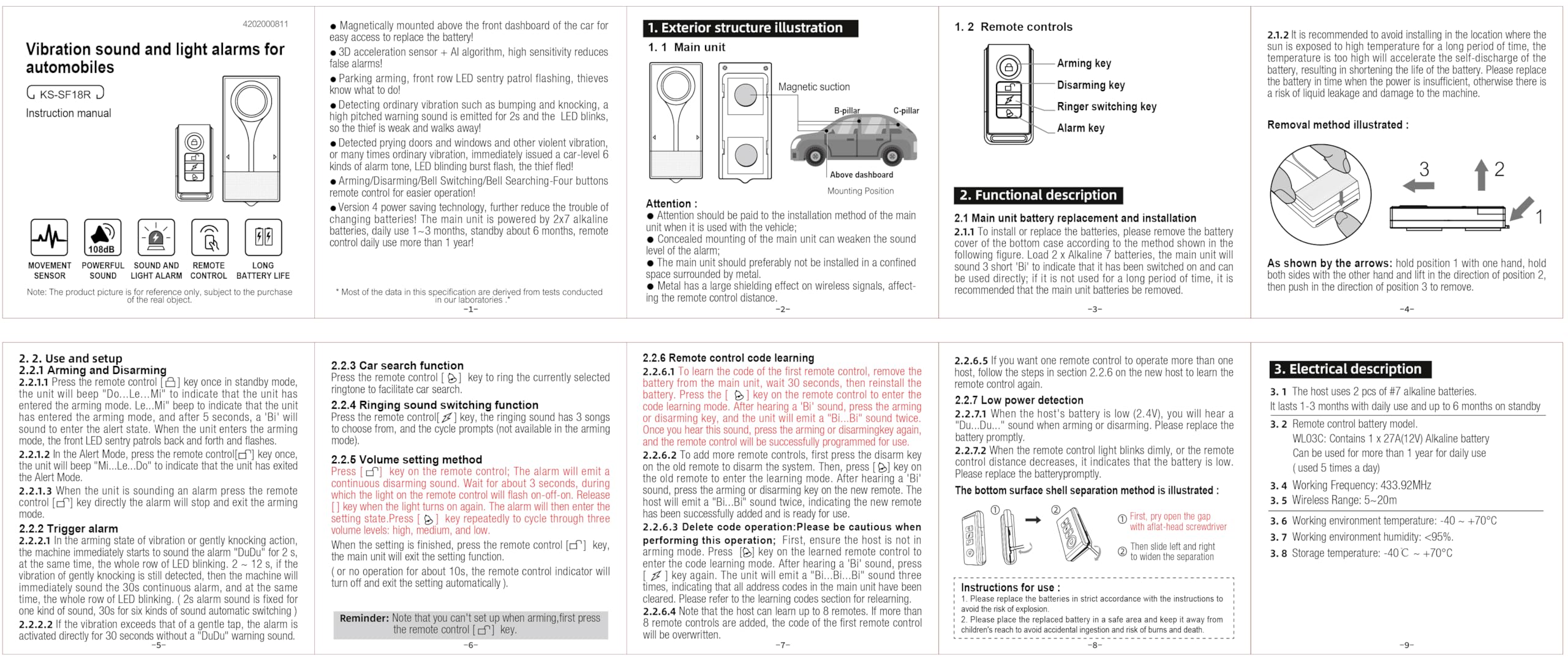 Sistema de alarma de coche de 108 dB, alarma antirrobo con sensor de vibración y alarma de luz roja, dispositivo remoto inalámbrico antirrobo con diseño de instalación magnética para coche, camión (2