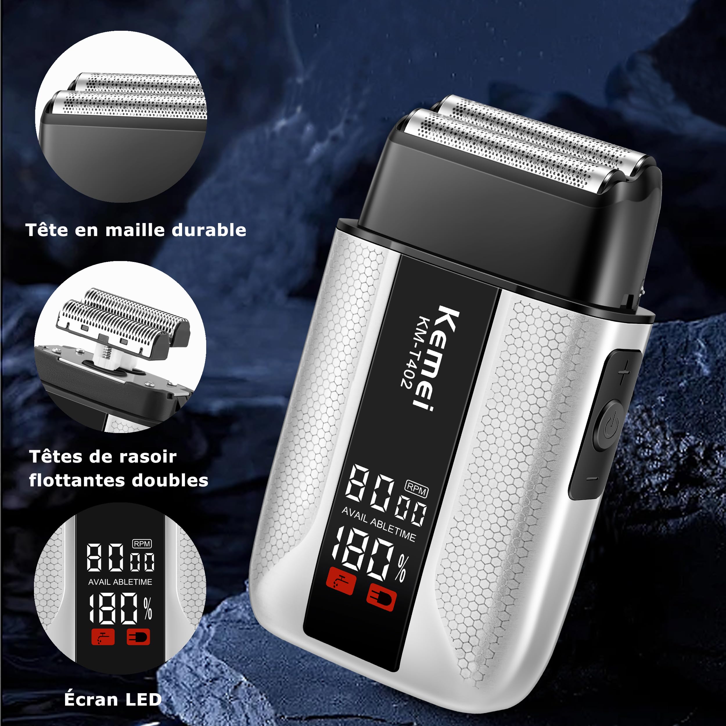 Rasoir électrique professionnel à grille KEMEI T402 pour hommes, étanche IPX7, avec écran LED, double rasoir électrique à 3 vitesses réglables