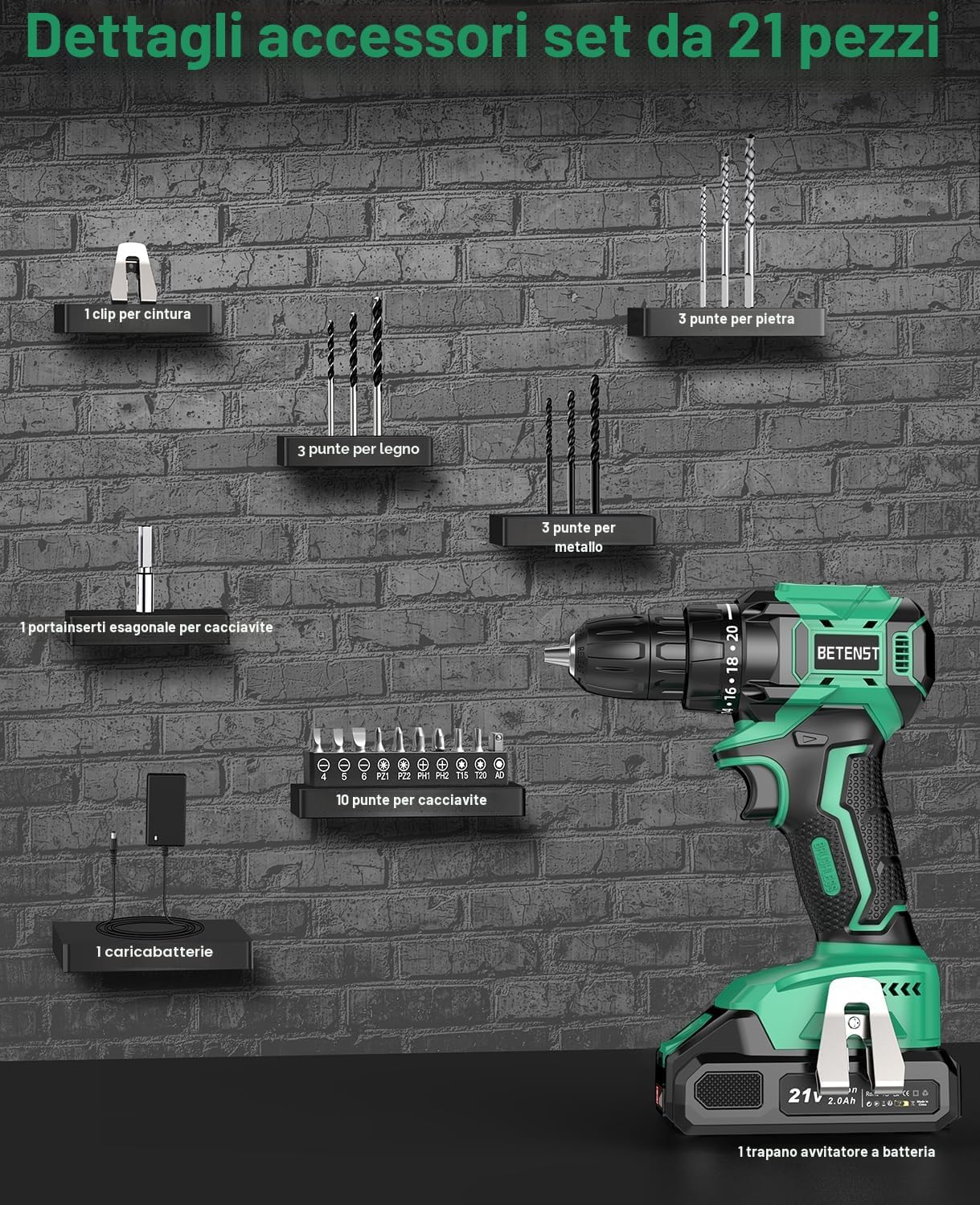 Taladro Atornillador Batería Sin Escobillas, BETENST Atornillador Electrico 21V con 2.0Ah Baterías, 45N.m Taladro Inalámbrico, 20 Ajuste de Par, 20 Accesorios, 2 Velocidad, Luz LED Para Bricolaje