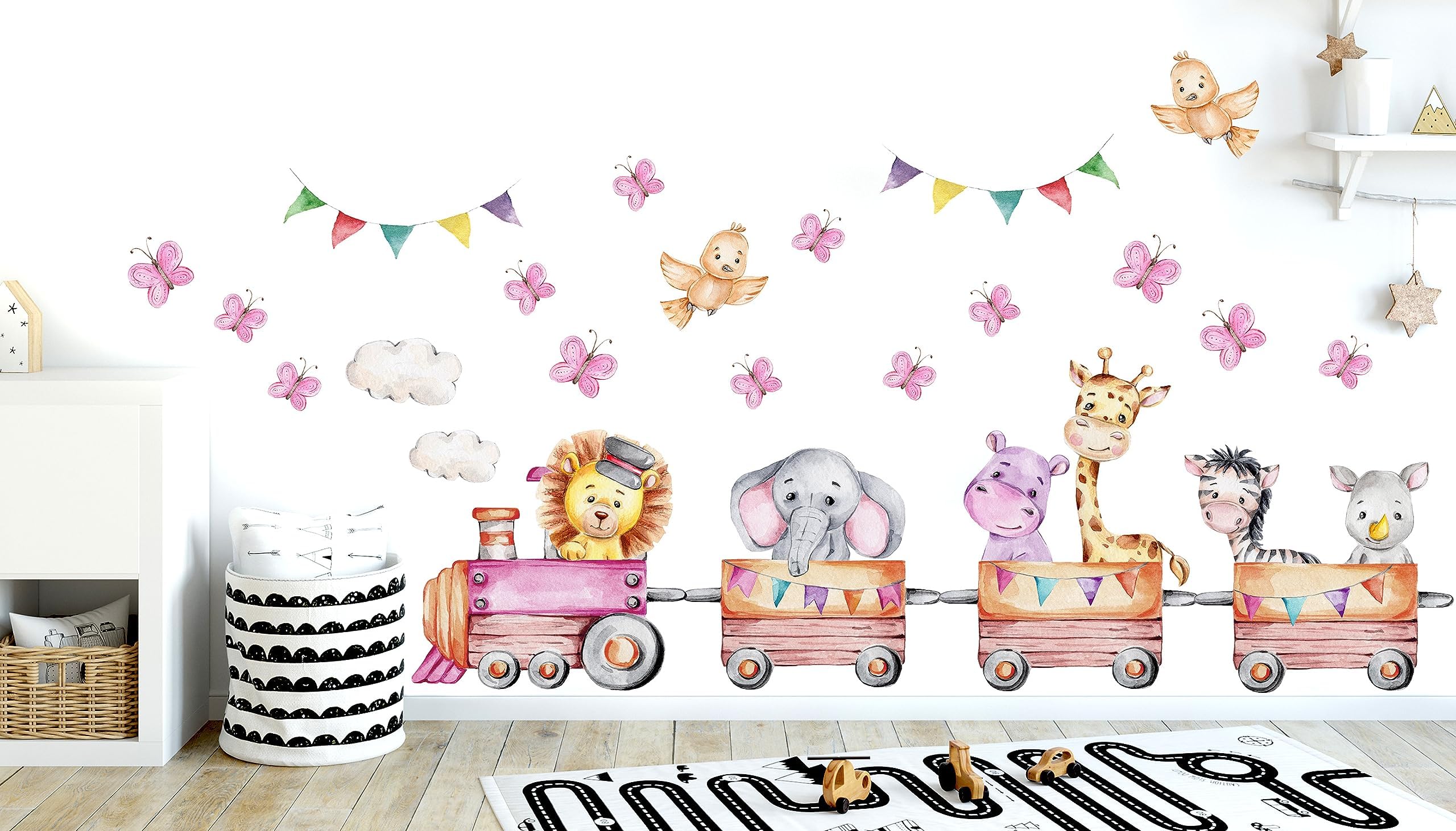 Tanlaby Stickers Muraux Jungle Animaux Train à Cheval Autocollants Muraux Renard Lion Eléphant Girafe Sticker Mural Amovible Stickers Pour Chambre De Bébé Pépinière D'enfant Le Salon Décoration Murale