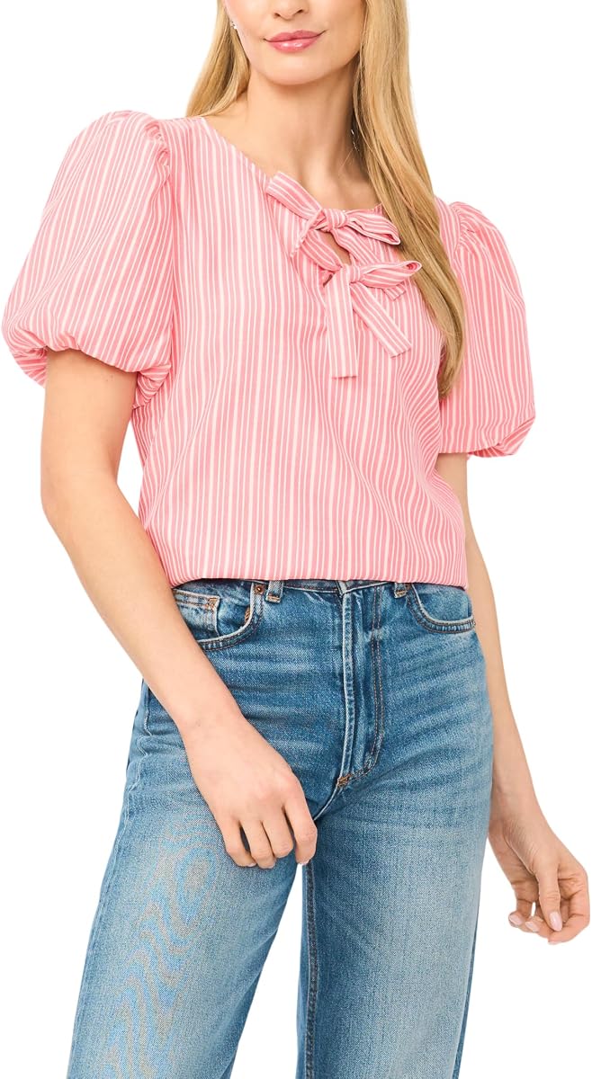 Women's Bubble Sleeve Double Bow Blouse