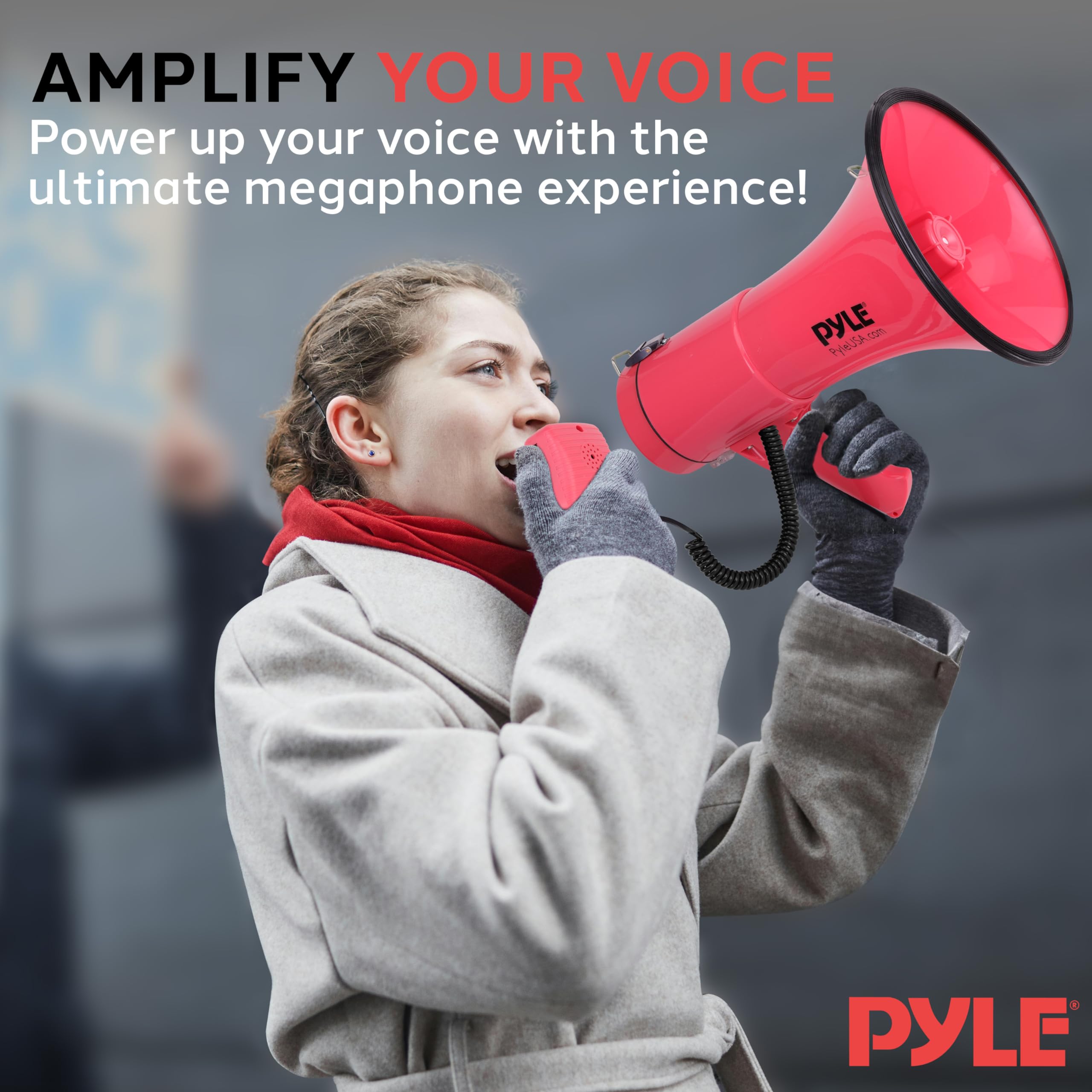 Pyle 50W Megaphone Bullhorn - Portable, Automatic Siren & Adjustable Volume,Projection Range Up to 1200 Square Yards, Aux Input, Talk, Siren, Music, Whistle, & Record, Shoulder Strap (Red)