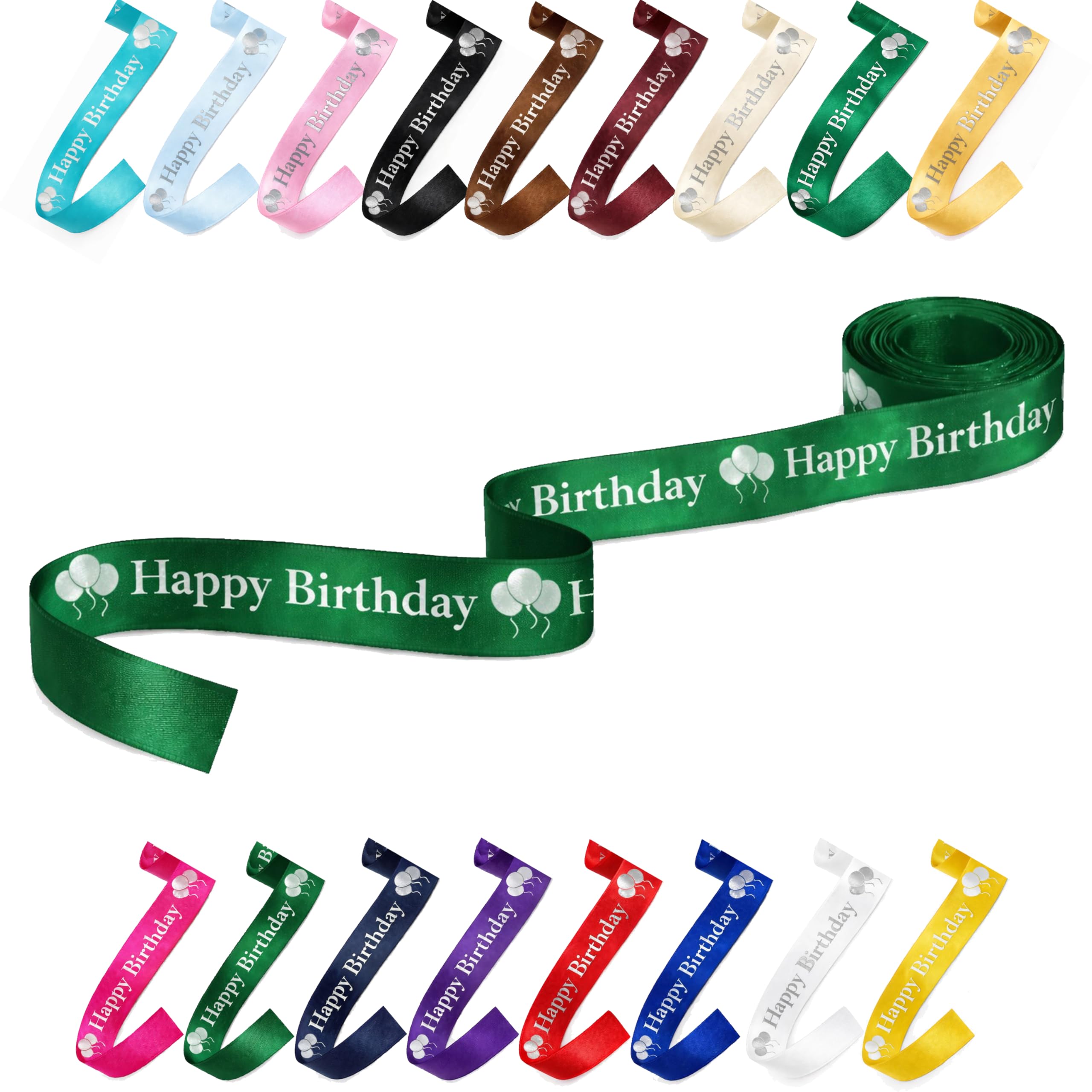 25mm (1") Wide Happy Birthday Luxury, Vibrant Satin Ribbon for Gift Wrapping, Flower Bouquet, Crafts, Balloons, Party Decoration with Metallic Silver Text & Balloon Print (Hunter Green, 10 Metres)
