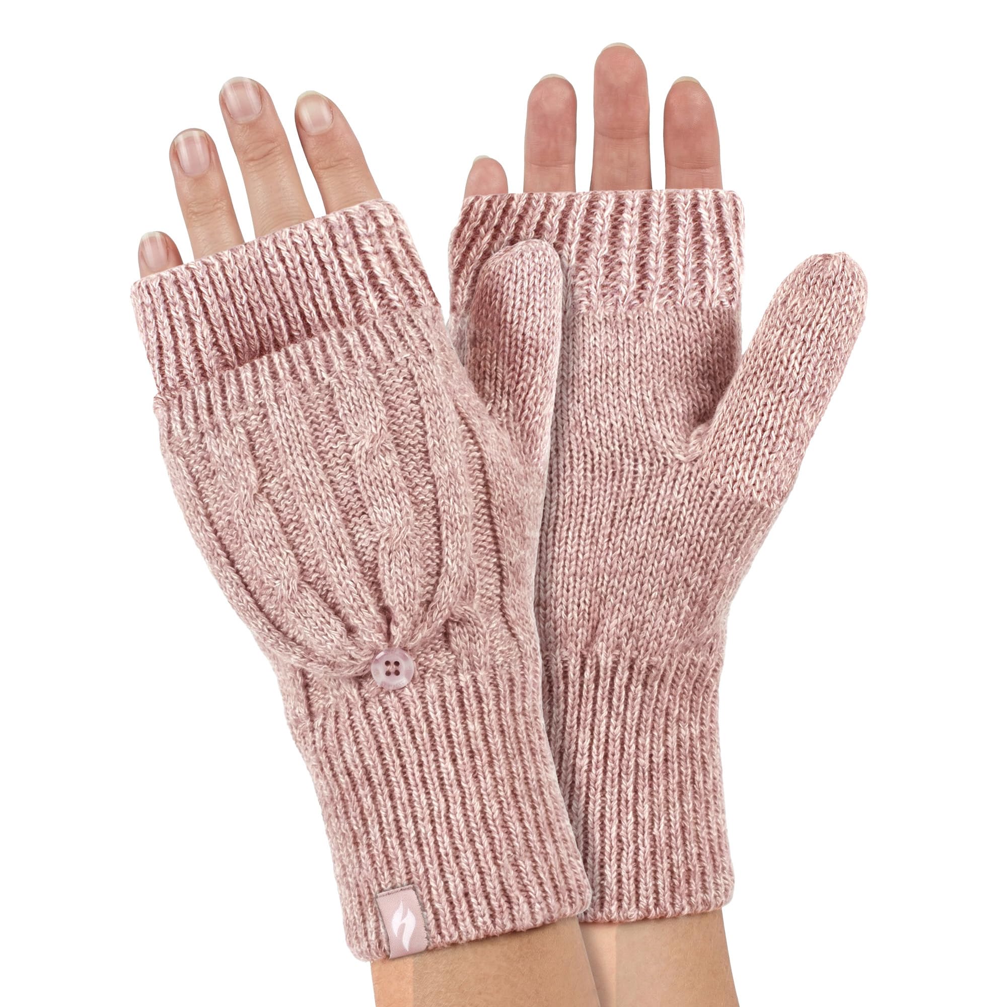 HEAT HOLDERS - Womens Thermal Converter Fingerless Cable Knit 2.3 tog Gloves (Dusky Pink)