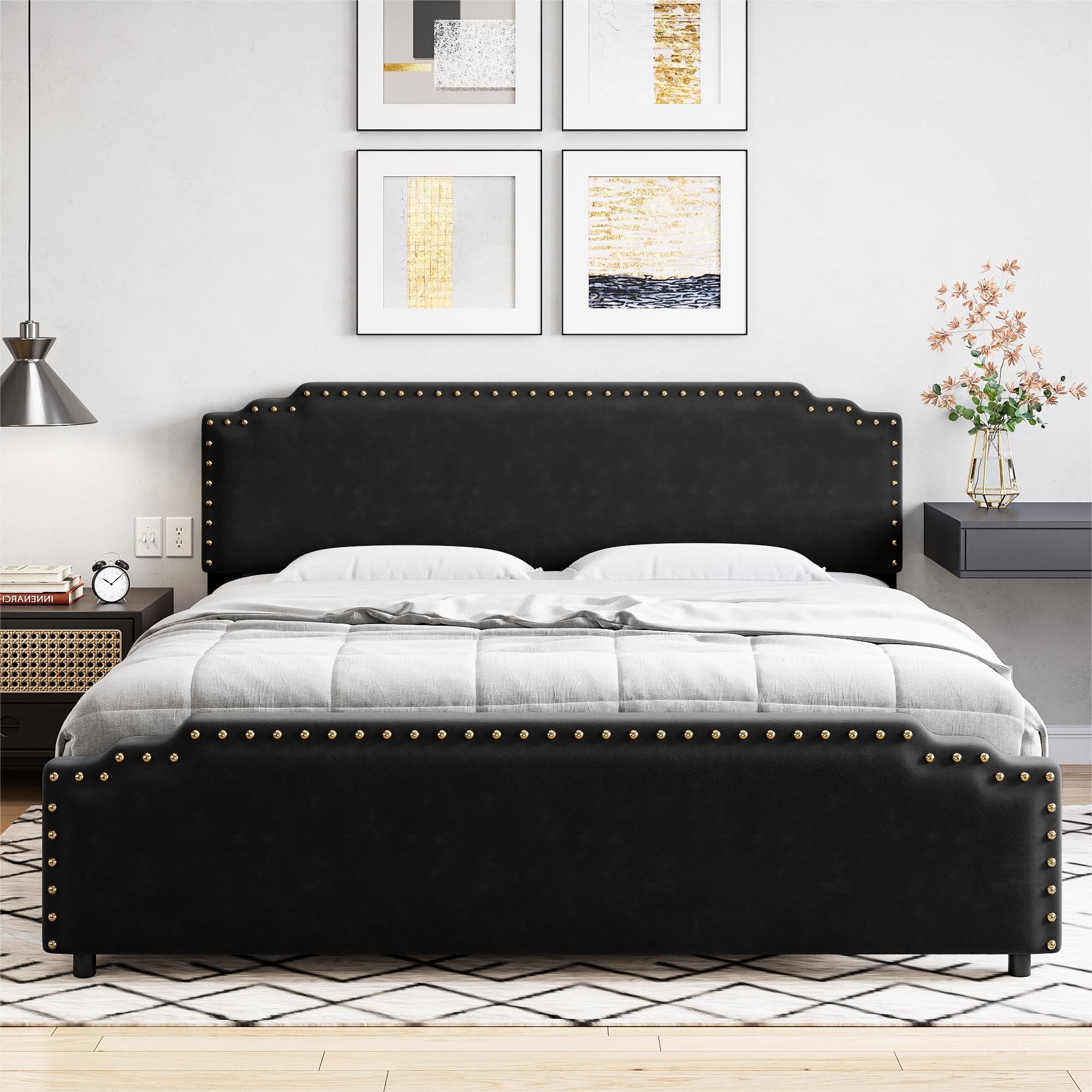 Queen Size Bed Frame, Velvet Upholstered Platform Bed Frame with Rivet ...