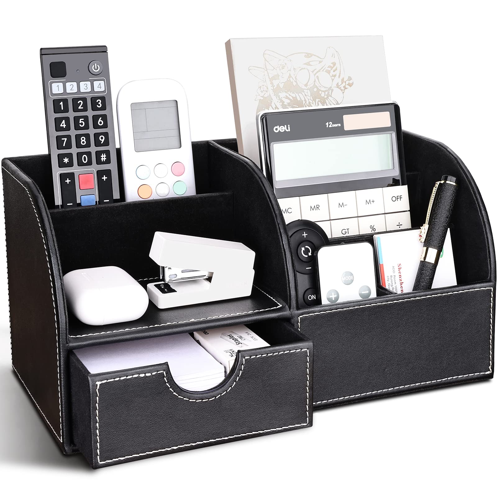 Richblue Schreibtisch Organizer, PU Leder Stiftehalter Schreibtisch, Multifunktionaler Büro Organizer mit Klein Schublade (7 Fächern-Schwarz)