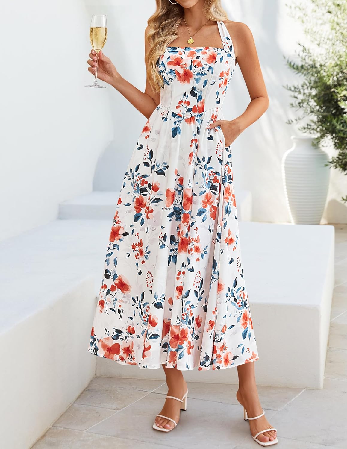ZESICA Women's Summer Floral Halter Midi Dress 2026 Sleeveless Off Shoulder High Waist Flowy Casual Beach Long Dresses - Image 5